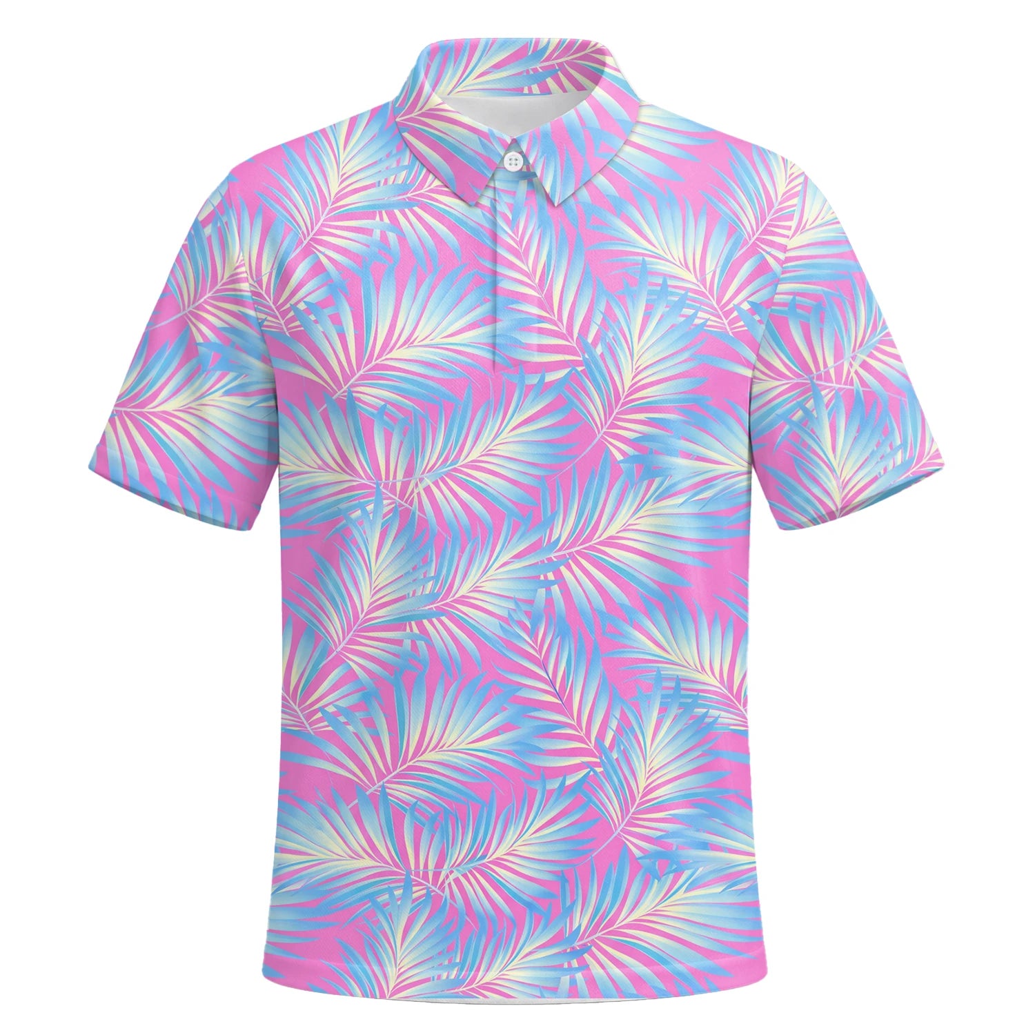 Personalised Pink Blue Palm Leaf Golf Polo Shirt For Men F1458 | Premium Short Sleeve | 6.webp
