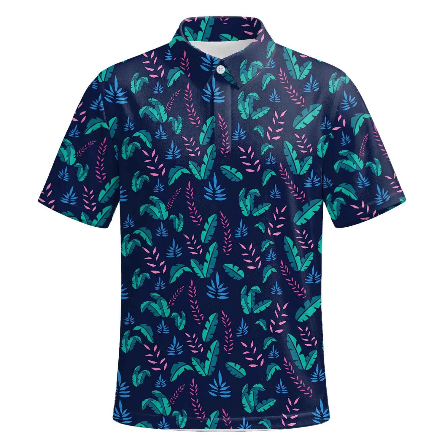 Personalised Navy Teal Tropical Leaf Golf Polo Shirt For Men S8145 | Premium Short Sleeve | 6.webp