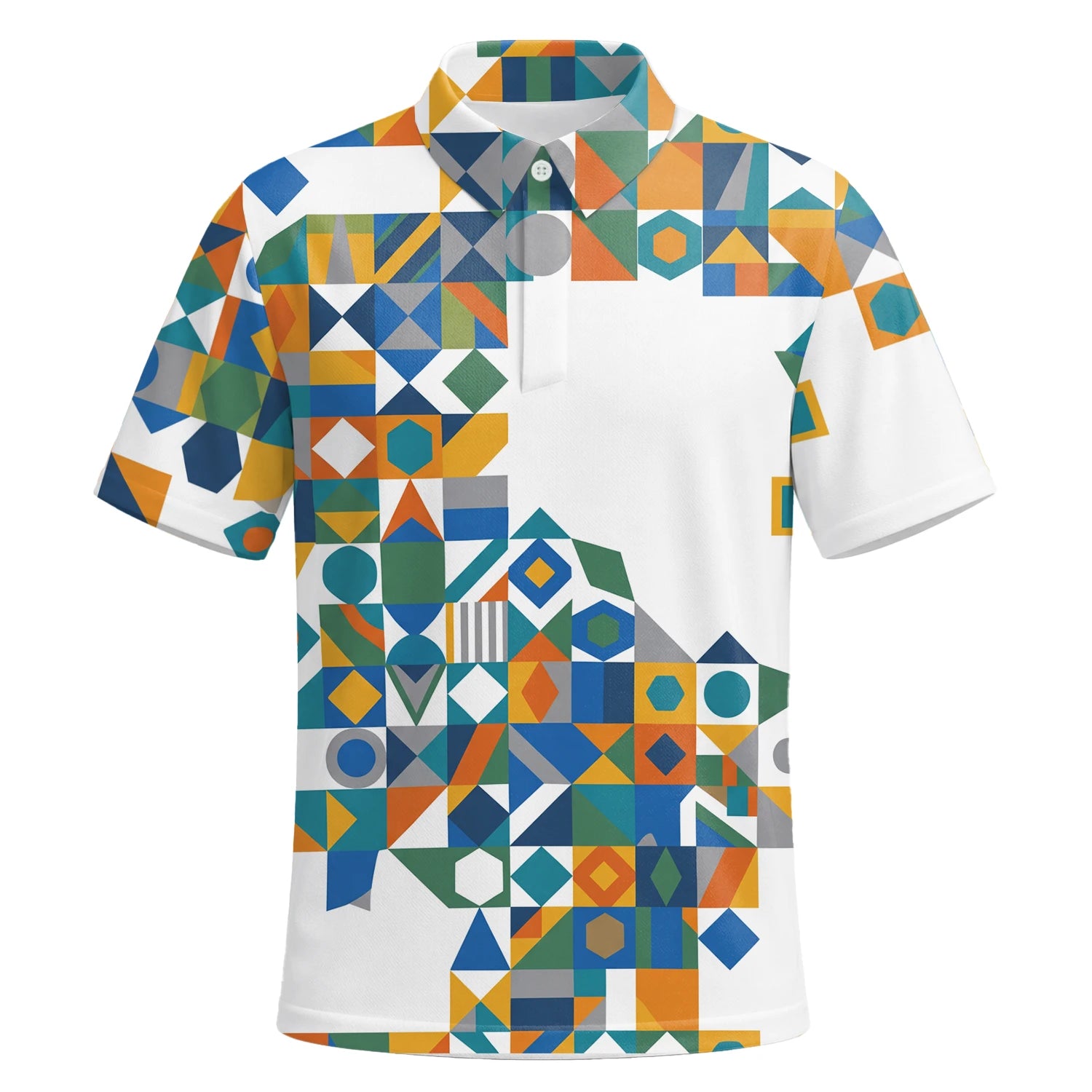 Personalised White Teal Orange Geometric Patchwork Golf Polo Shirt For Men K5362 | Premium Short Sleeve | 6.webp