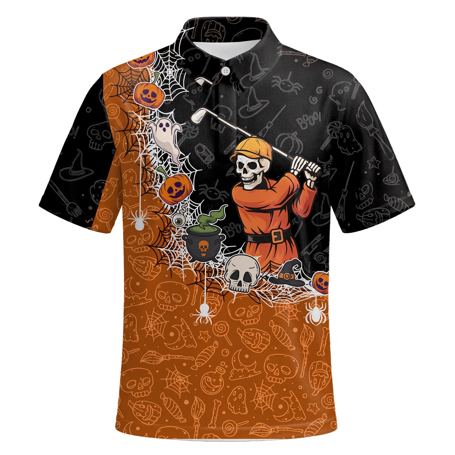Personalised Black Orange Halloween Skeleton Golfer Web Golf Polo Shirt For Men Y5076 | Premium Short Sleeve | 6.webp