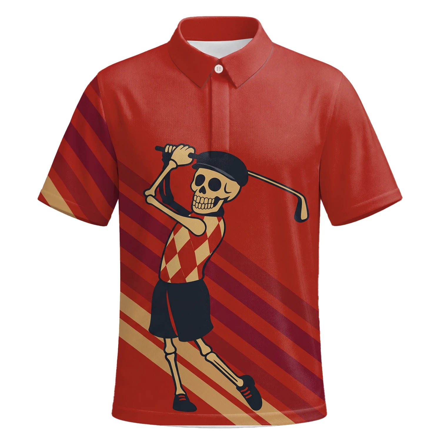 Personalised Red Skeleton Golfer Cartoon Golf Polo Shirt For Men F3648 | Premium Short Sleeve | 6.webp