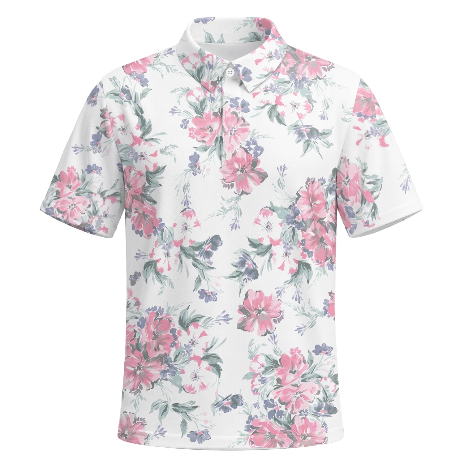 Personalised White Pink Floral Leaf Golf Polo Shirt For Men H5152 | Premium Short Sleeve | 6.webp