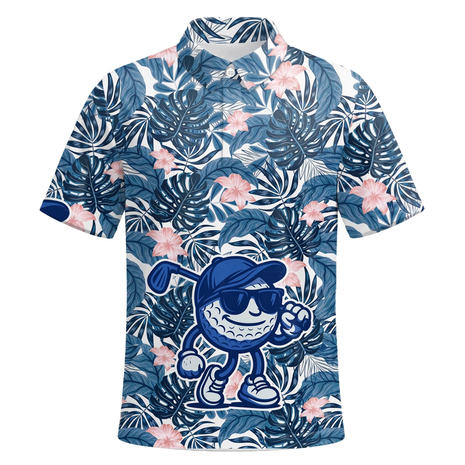Personalised Navy Tropical Leaf Golf Ball Cartoon Golf Polo Shirt For Men I7191 | Premium Short Sleeve | 6.webp