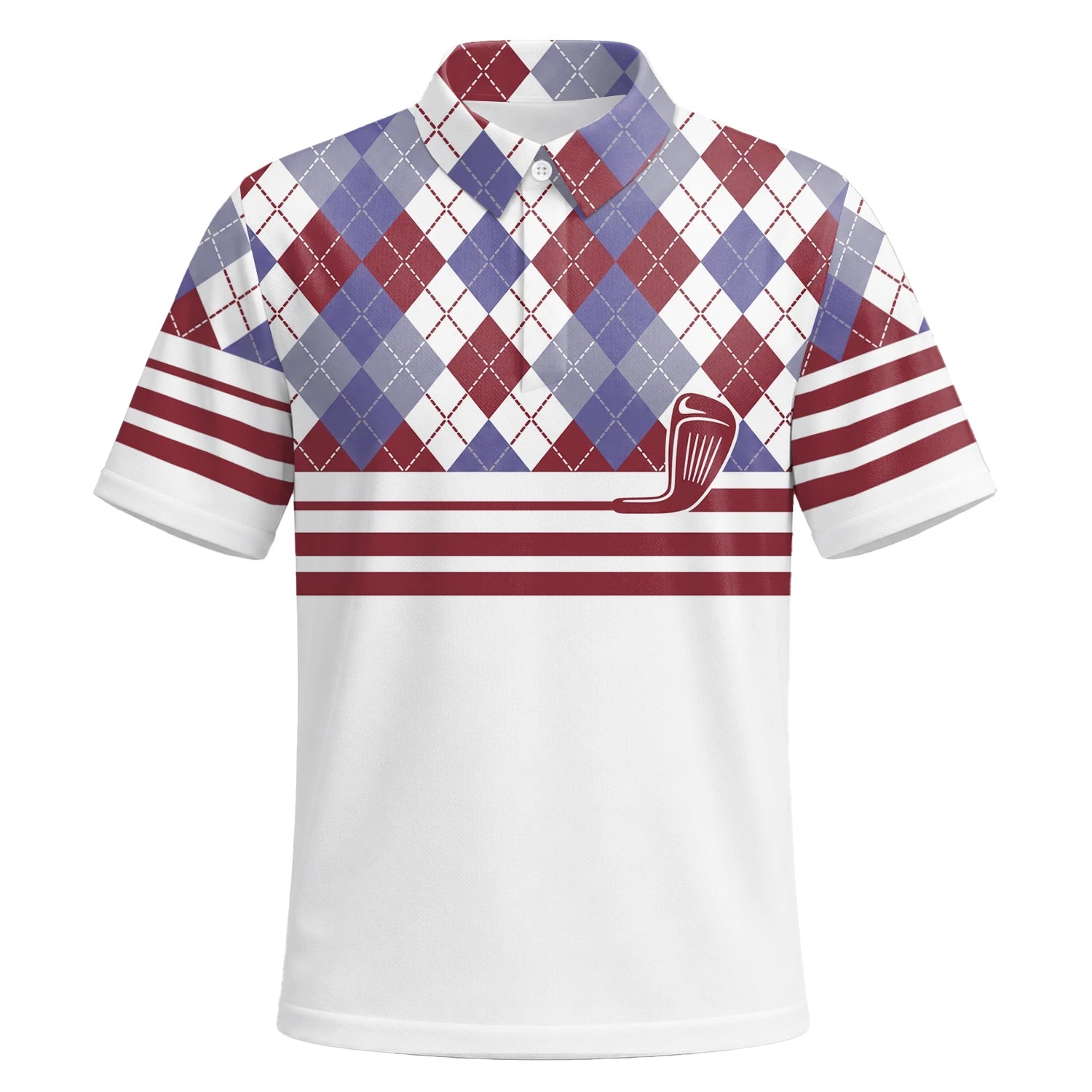 Personalised White Burgundy Argyle Golf Club Stripe Golf Polo Shirt For Men K9019 | Premium Short Sleeve | 6.webp