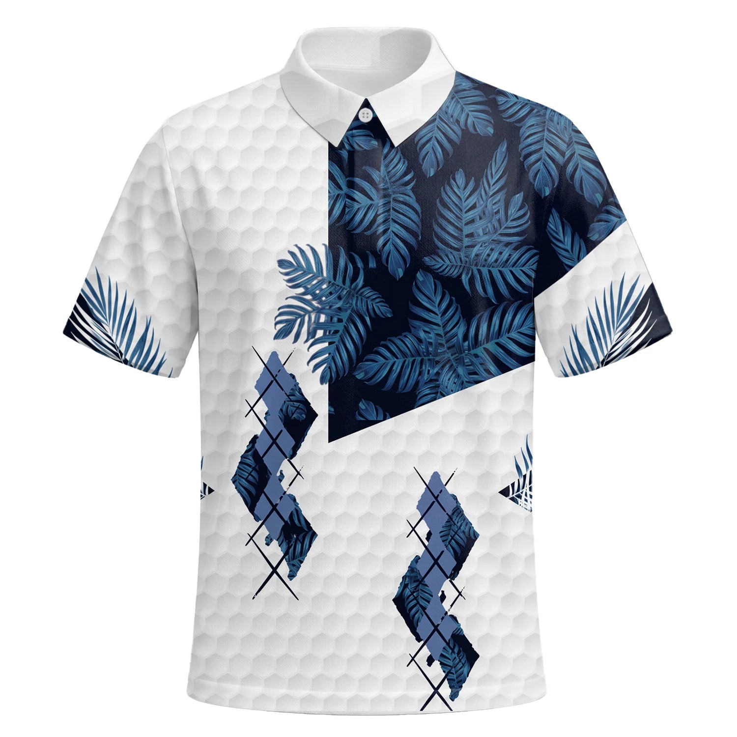 Personalised White Navy Tropical Leaf Argyle Golf Polo Shirt For Men D6549 | Premium Short Sleeve | 6.webp