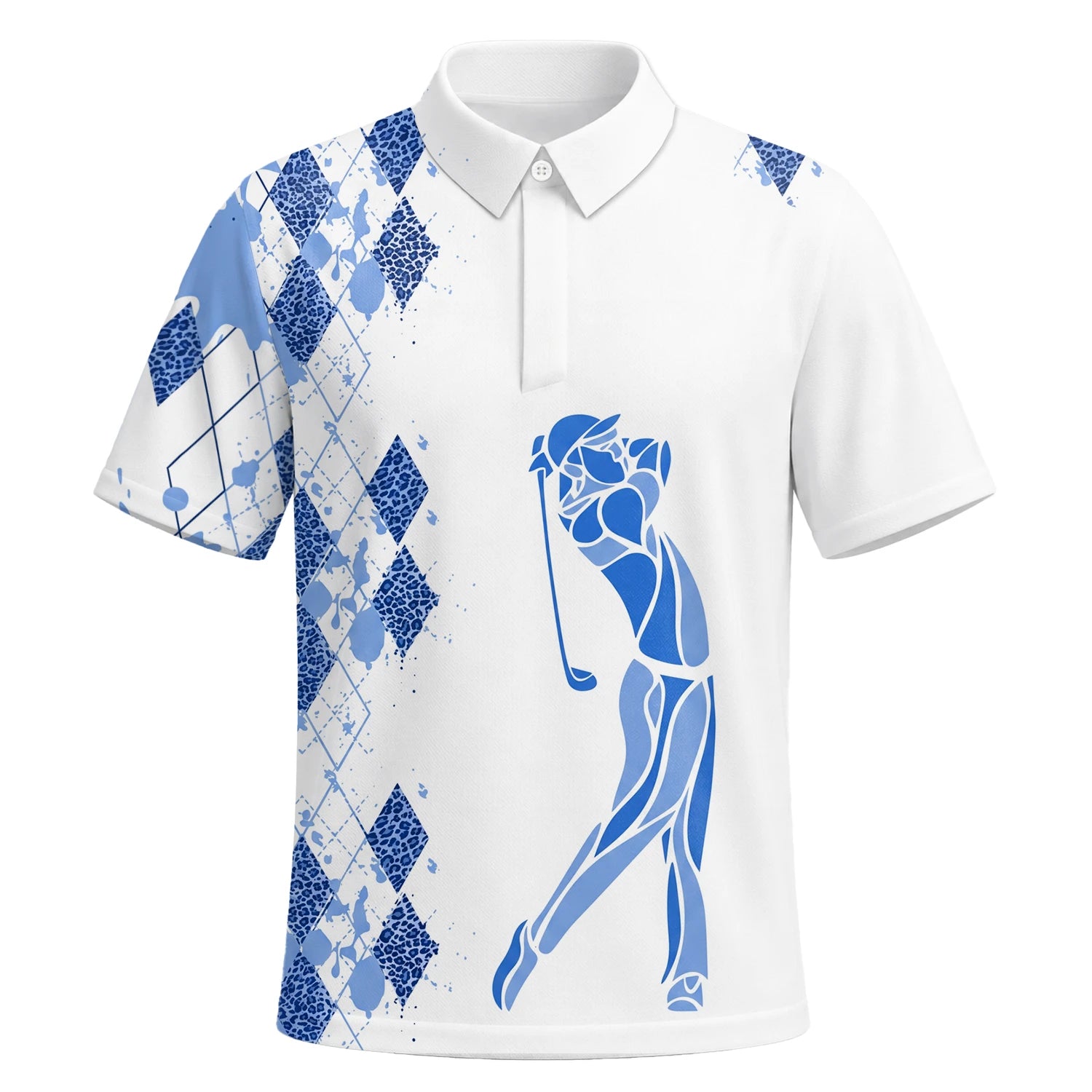 Personalised White Blue Argyle Golfer Silhouette Golf Polo Shirt For Men V2037 | Premium Short Sleeve | 6.webp