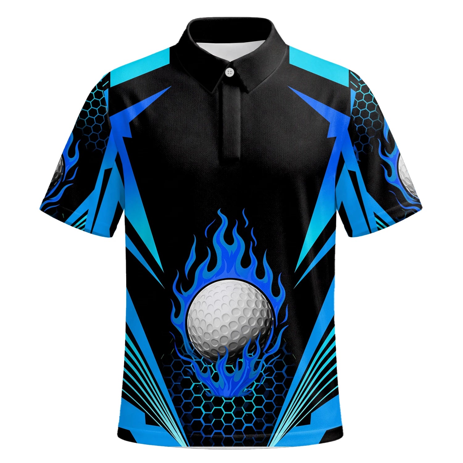 Personalised Black Blue Flaming Golf Ball Golf Polo Shirt For Men Y8576 | Premium Short Sleeve | 6.webp