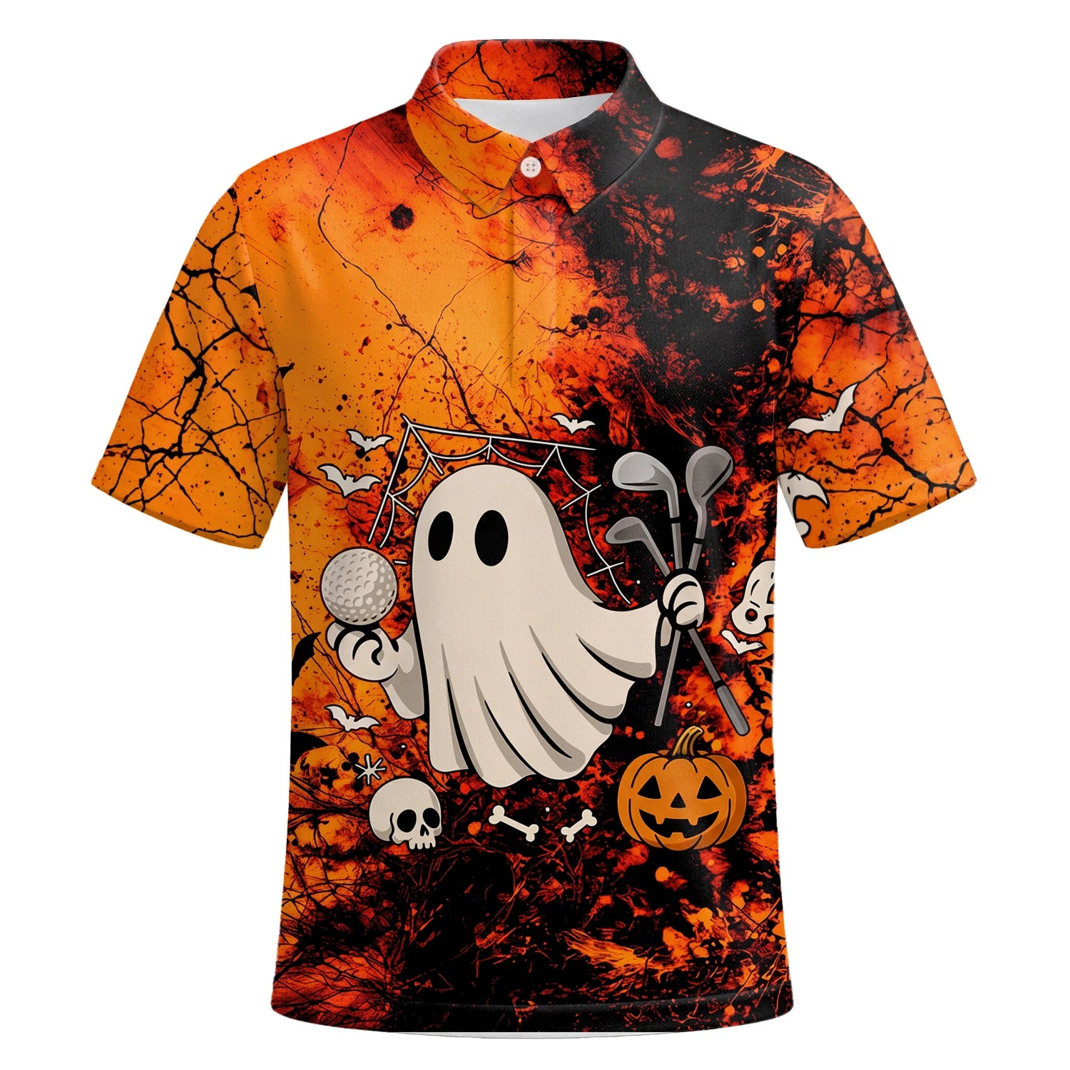 Personalised Orange Halloween Ghost Golfer Golf Polo Shirt For Men M0695 | Premium Short Sleeve | 6.webp