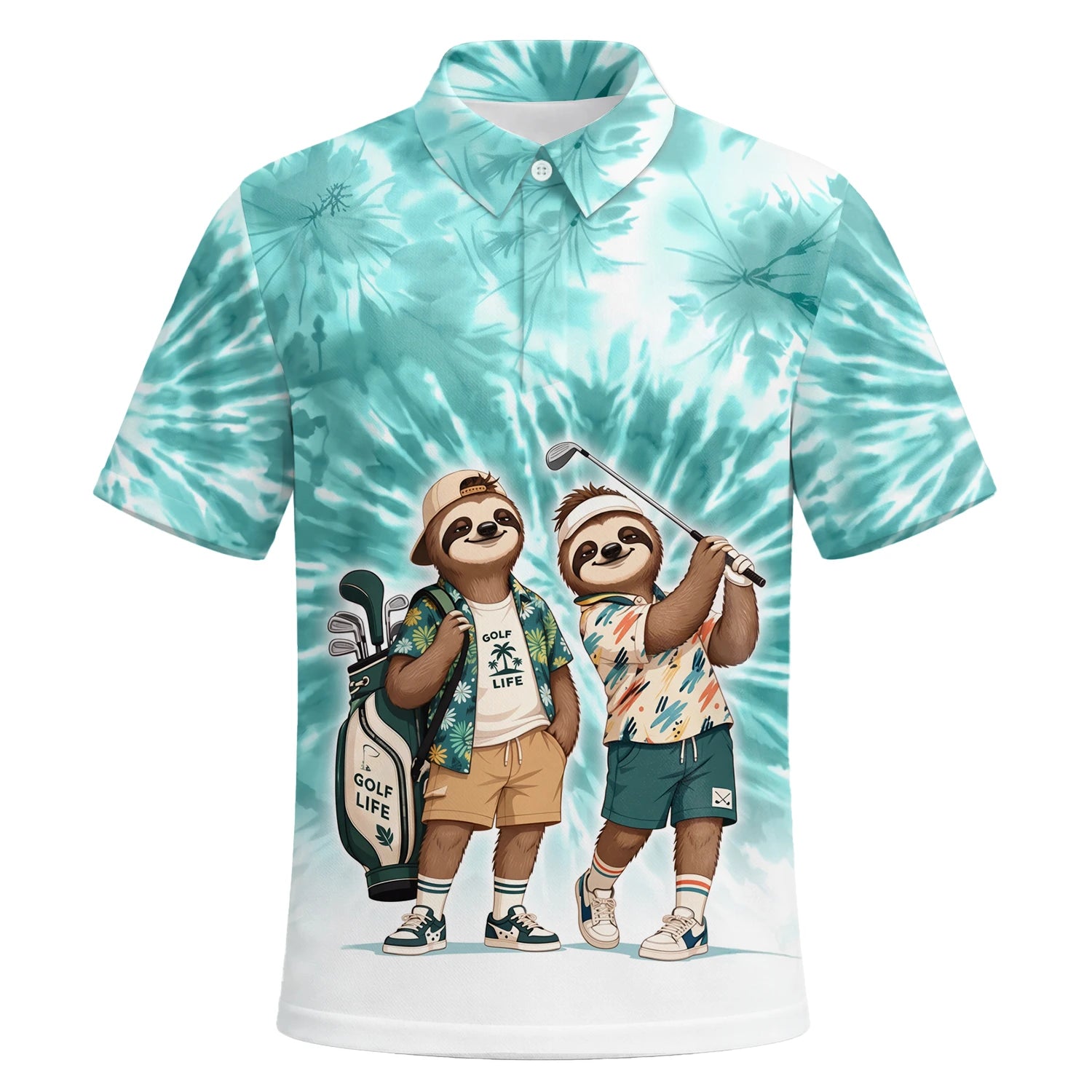 Personalised Turquoise Sloth Golfer Cartoon Golf Polo Shirt For Men C1614 | Premium Short Sleeve | 6.webp