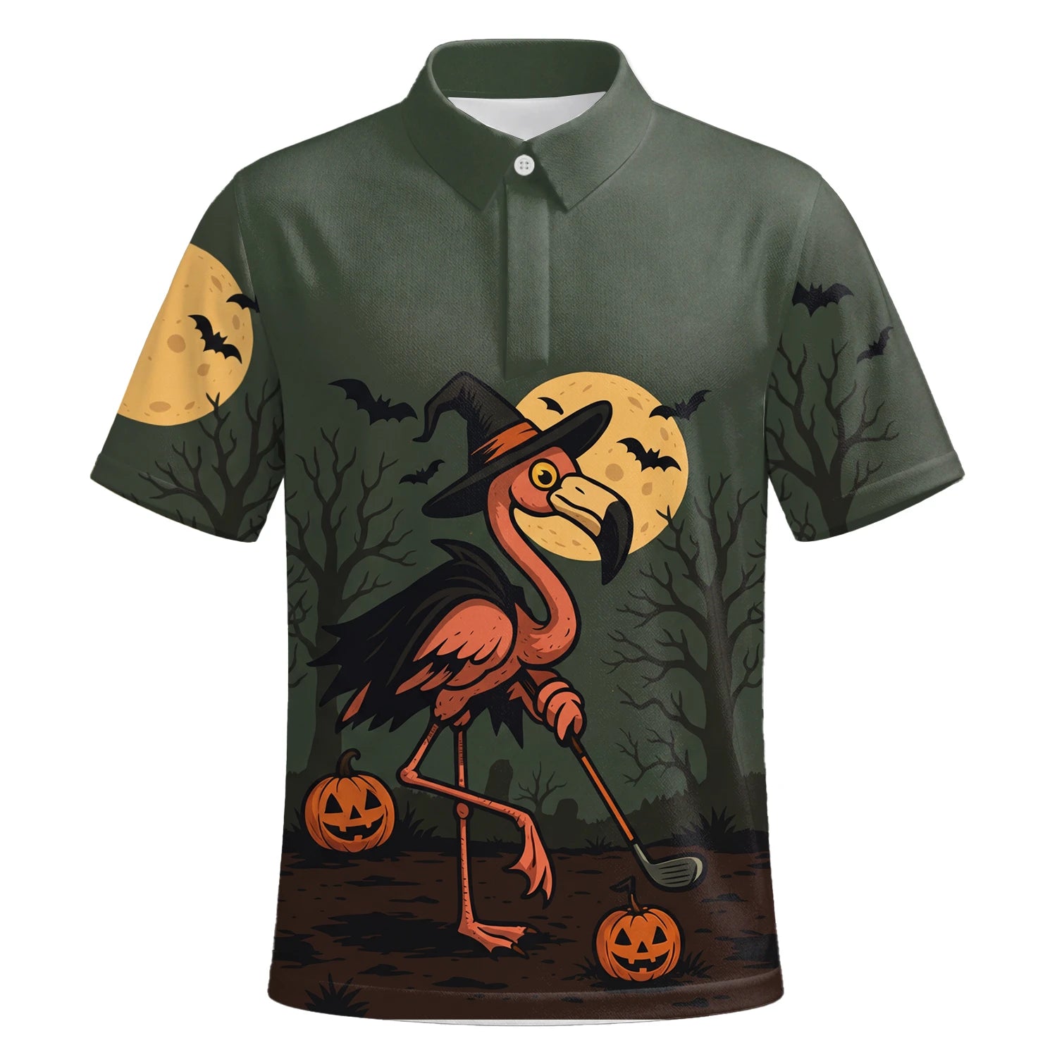 Personalised Olive Halloween Flamingo Witch Golfer Pumpkin Golf Polo Shirt For Men X5811 | Premium Short Sleeve | 6.webp