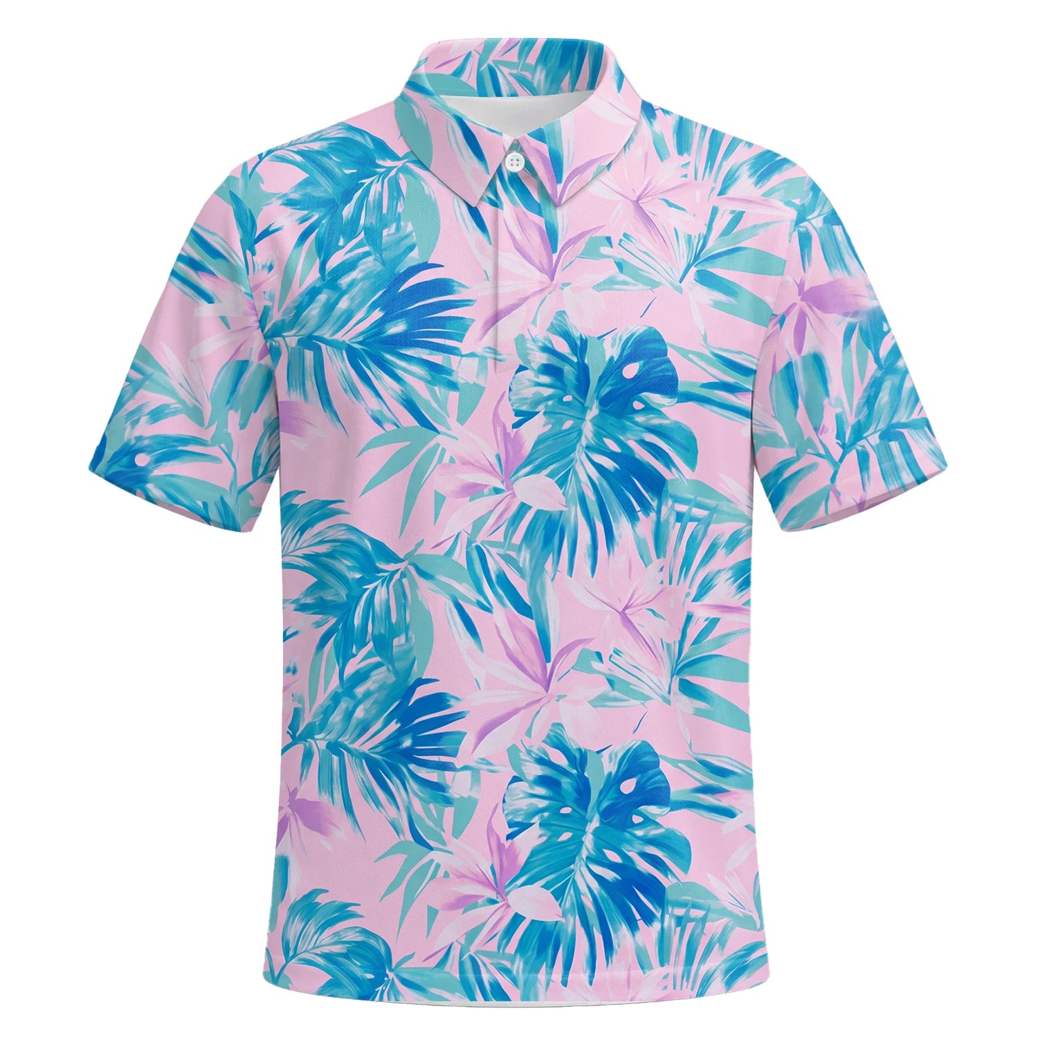 Personalised Pink Blue Tropical Leaf Golf Polo Shirt For Men K0497 | Premium Short Sleeve | 6.webp