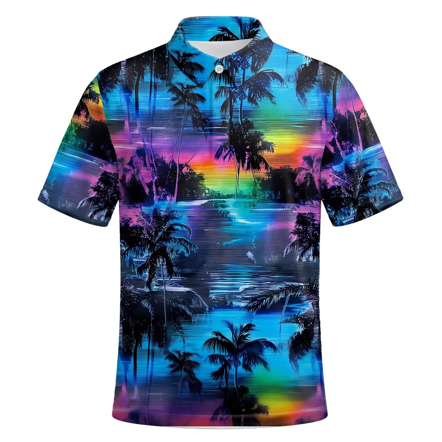 Personalised Blue Purple Palm Sunset Golf Polo Shirt For Men K8435 | Premium Short Sleeve | 6.webp