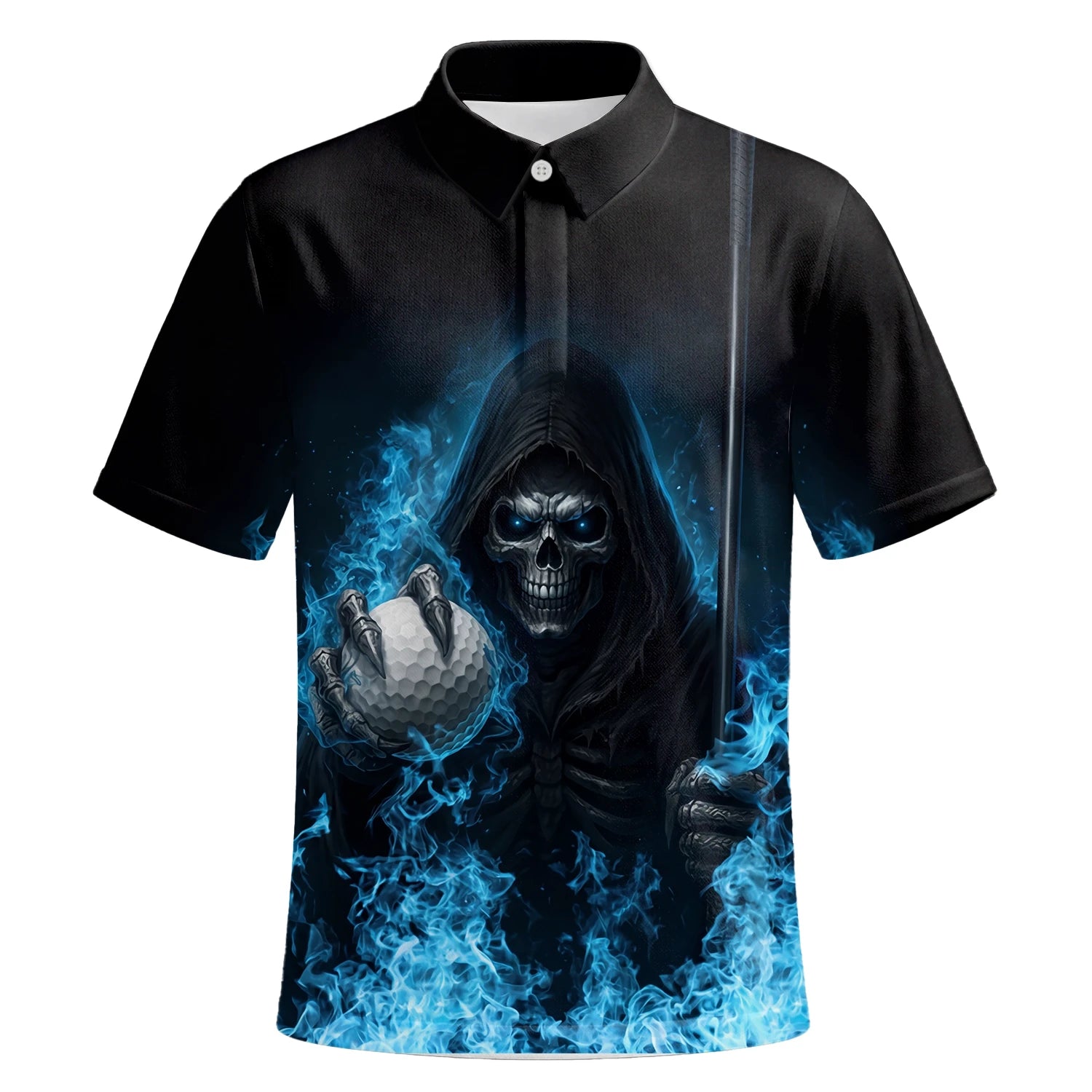 Personalised Black Blue Skull Golf Ball Lightning Golf Polo Shirt For Men N0793 | Premium Short Sleeve | 6.webp