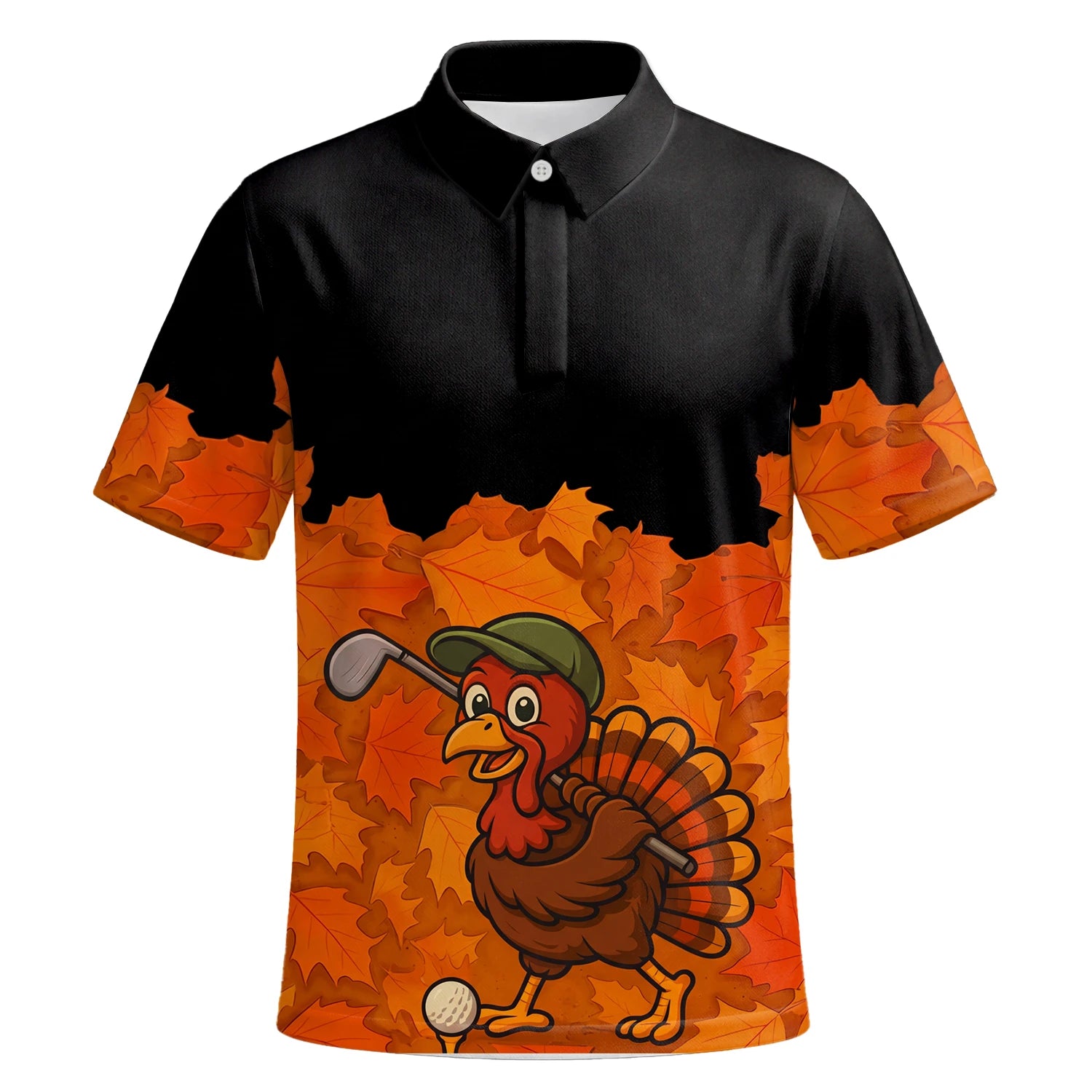 Personalised Black Orange Thanksgiving Turkey Golfer Golf Polo Shirt For Men W0964 | Premium Short Sleeve | 6.webp