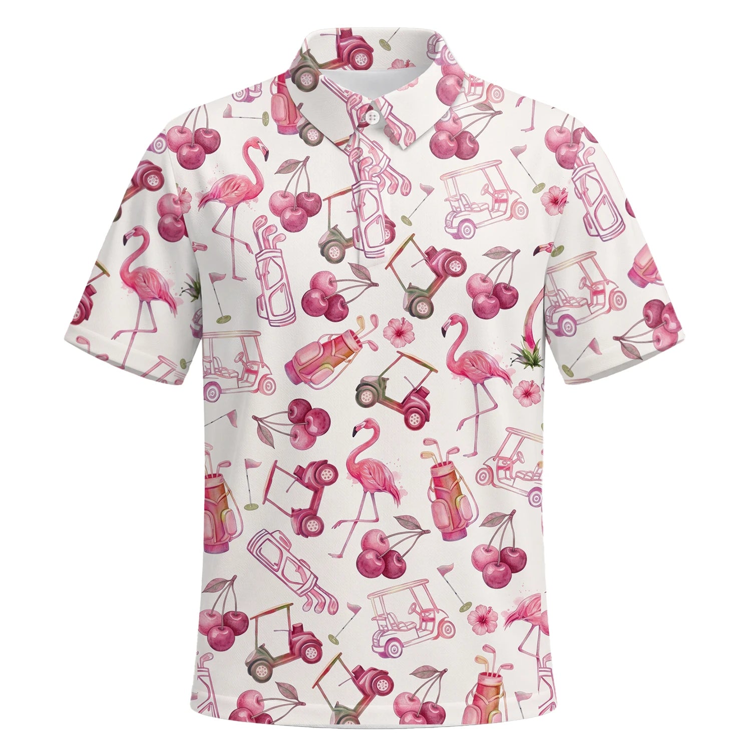 Personalised Cream Pink Flamingo Golf Cart Cocktail Golf Polo Shirt For Men T9296 | Premium Short Sleeve | 6.webp
