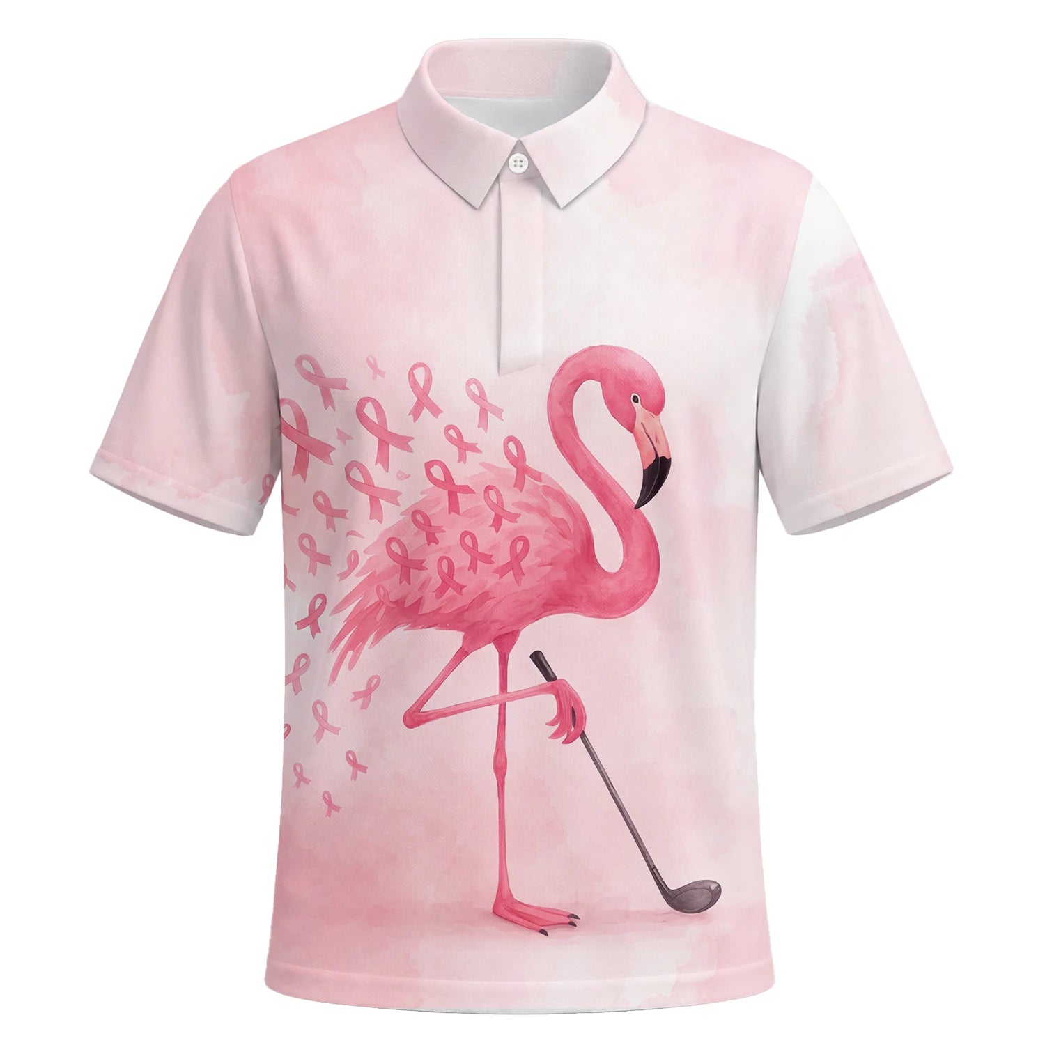 Personalised Pink Flamingo Golfer Breast Cancer Ribbon Golf Polo Shirt For Men R9354 | Premium Short Sleeve | 6.webp