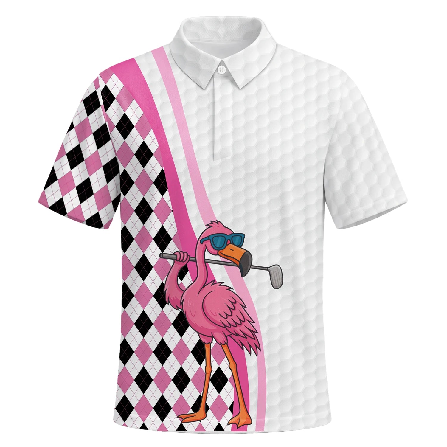 Personalised White Pink Flamingo Golfer Argyle Golf Polo Shirt For Men G3697 | Premium Short Sleeve | 6.webp