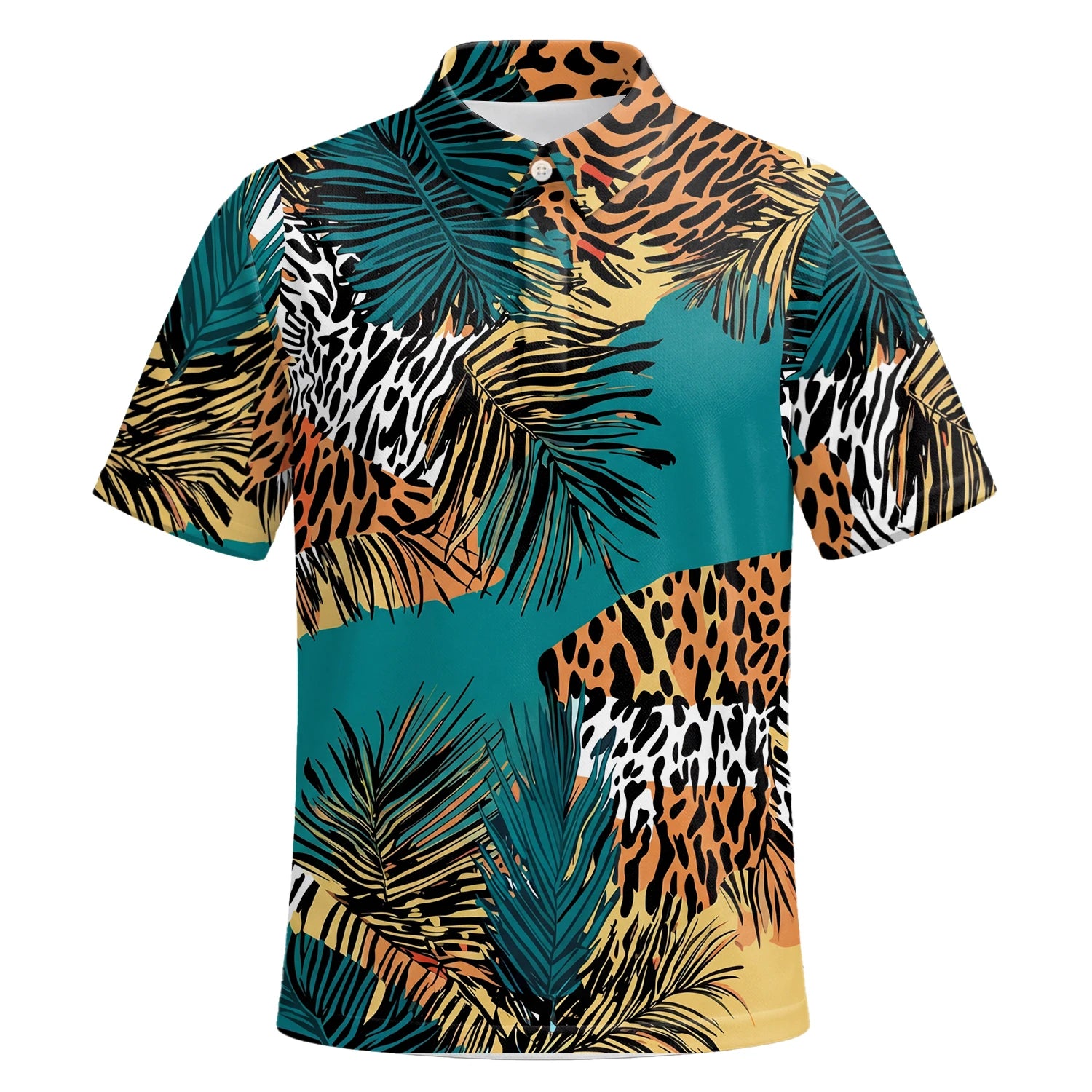 Personalised Teal Orange Tropical Palm Animal Print Golf Polo Shirt For Men A7122 | Premium Short Sleeve | 6.webp