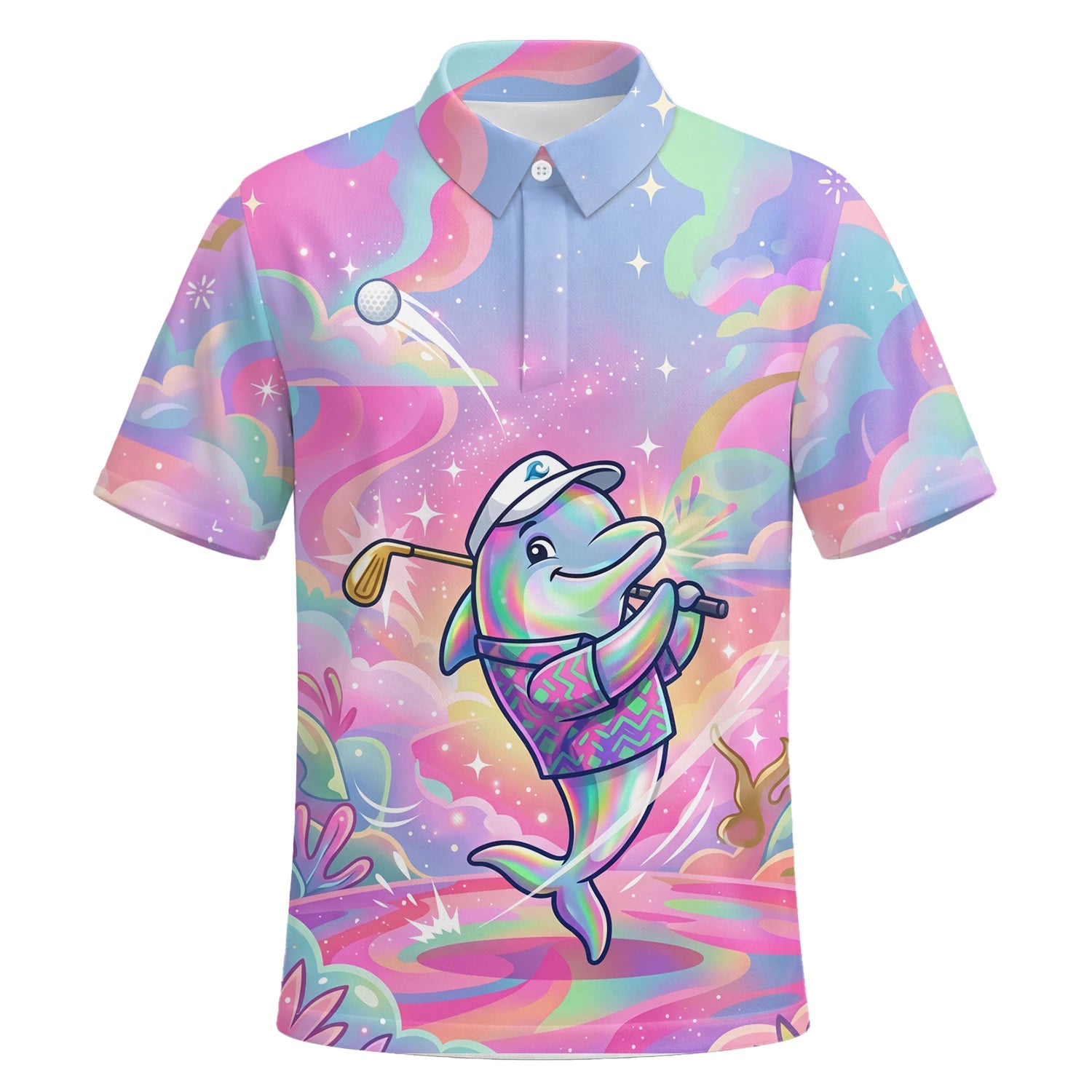 Personalised Pastel Rainbow Dolphin Golfer Cartoon Golf Polo Shirt For Men L3862 | Premium Short Sleeve | 6.webp