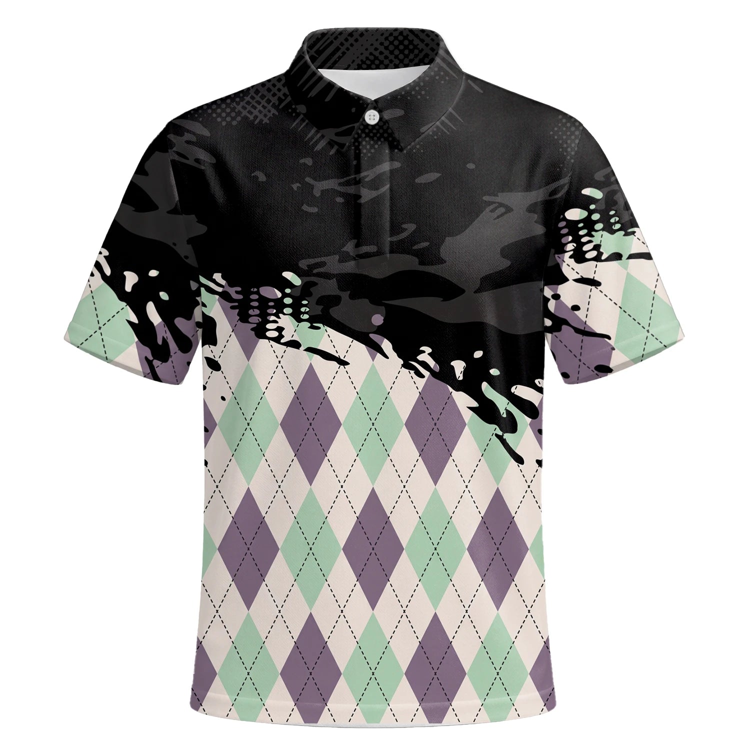 Personalised Black Mint Purple Argyle Paint Splash Golf Polo Shirt For Men C5124 | Premium Short Sleeve | 6.webp
