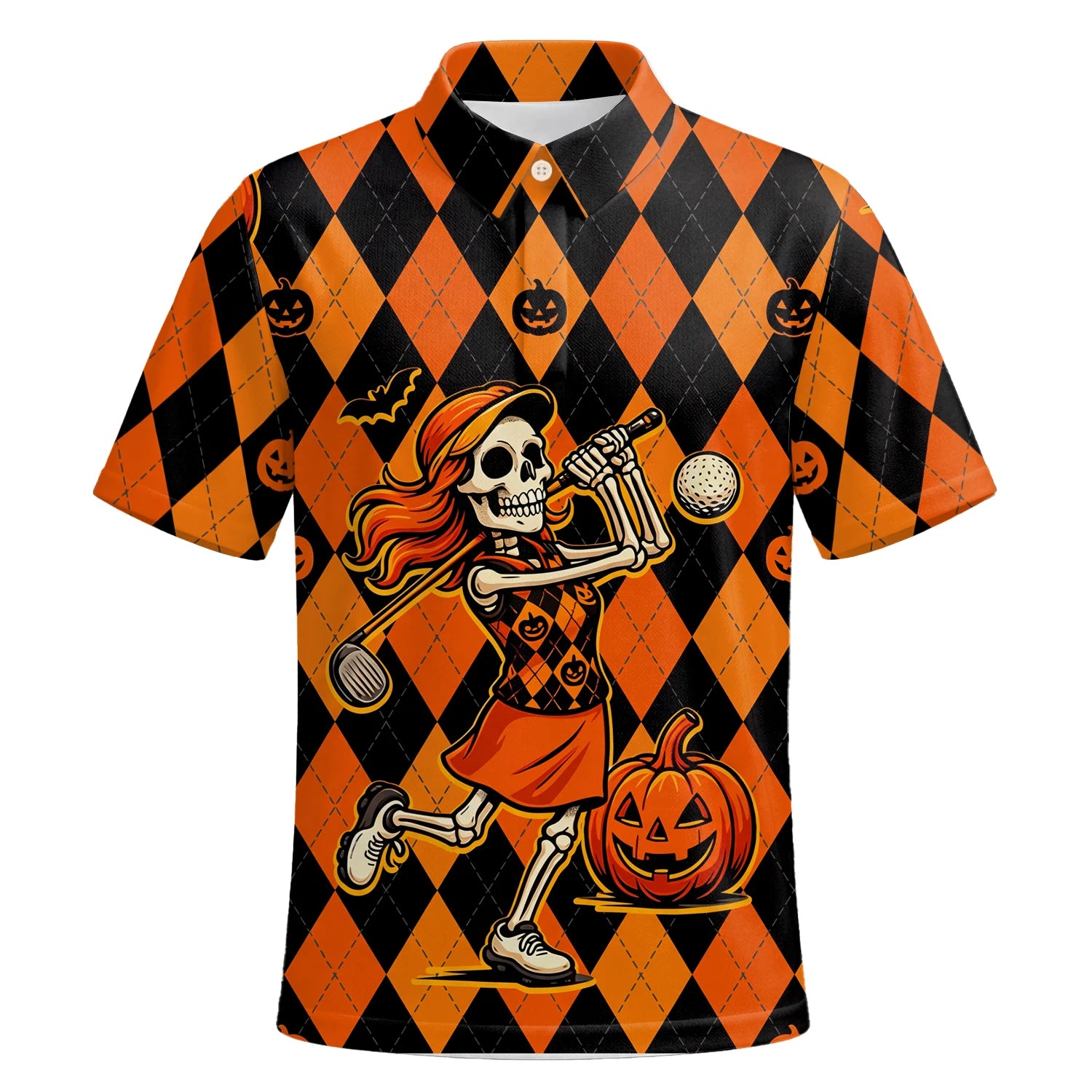 Personalised Orange Black Halloween Skeleton Golfer Pumpkin Argyle Golf Polo Shirt For Men Z9562 | Premium Short Sleeve | 6.webp