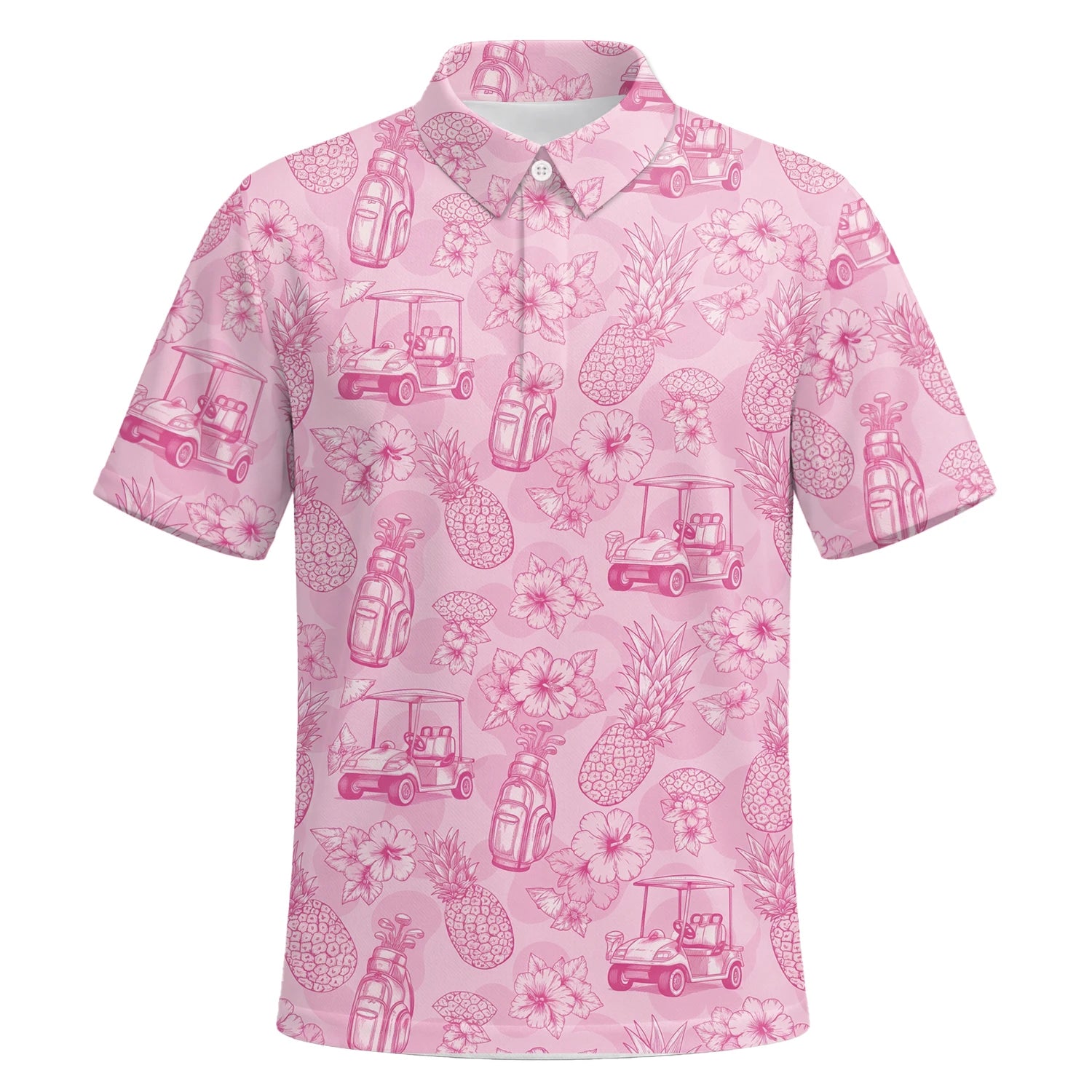 Personalised Pink Golf Cart Floral Toile Golf Polo Shirt For Men T8127 | Premium Short Sleeve | 6.webp