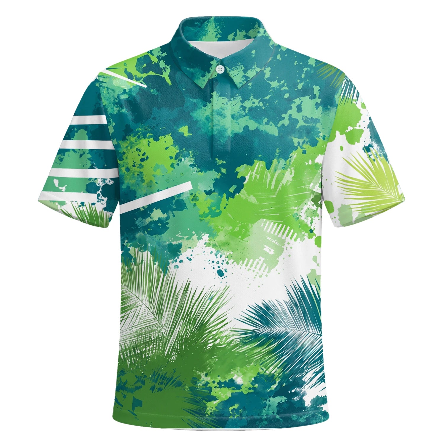 Personalised Green Blue Tropical Leaf Paint Splash Golf Polo Shirt For Men B7869 | Premium Short Sleeve | 6.webp