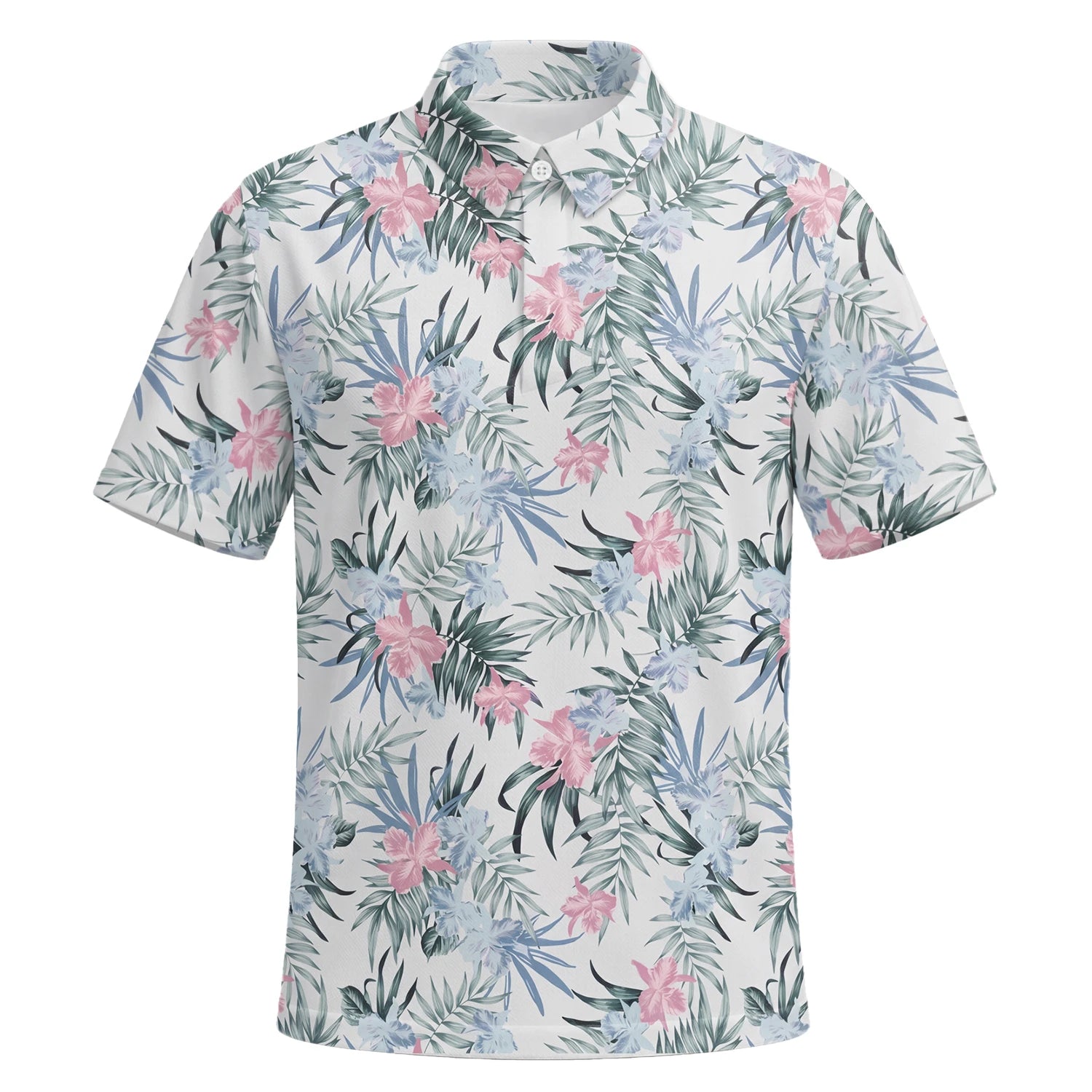 Personalised White Pink Tropical Floral Leaf Golf Polo Shirt For Men C1037 | Premium Short Sleeve | 6.webp
