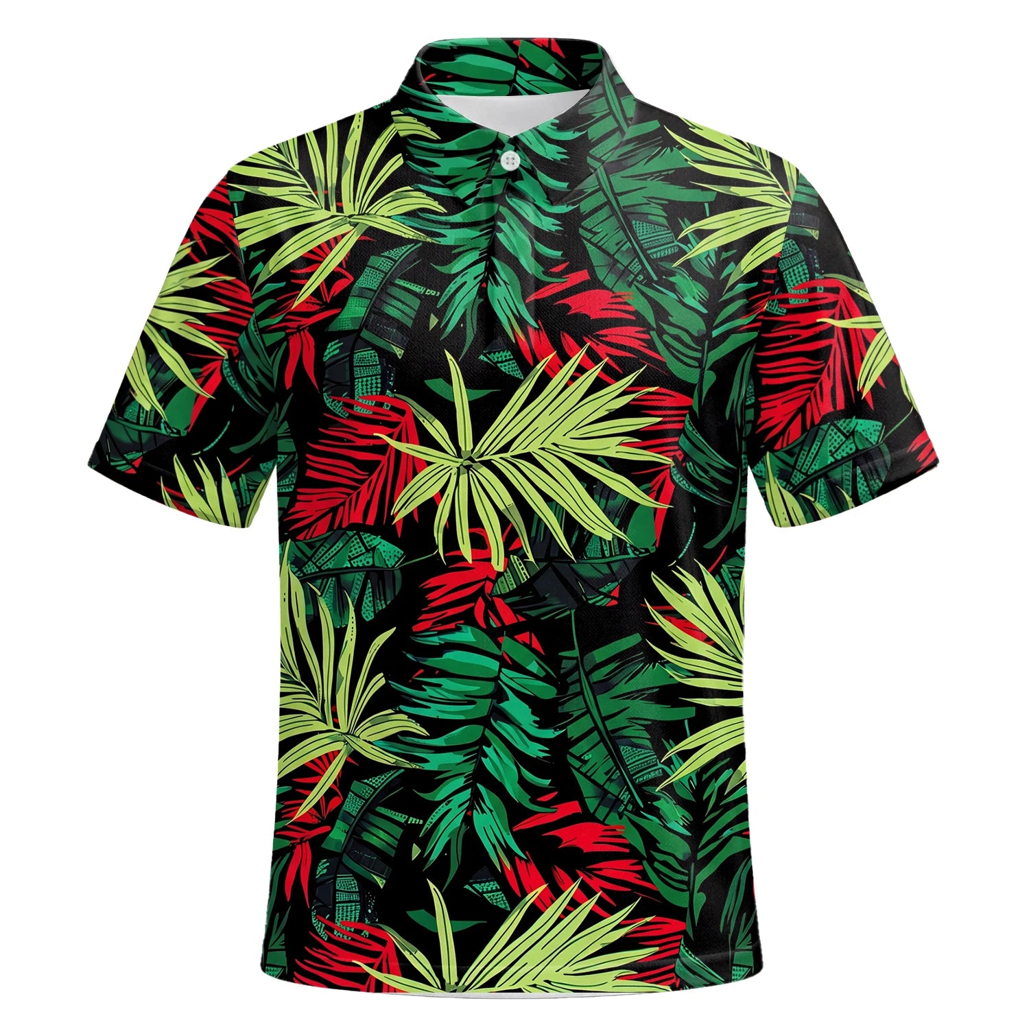 Personalised Black Green Red Tropical Leaf Golf Polo Shirt For Men U5191 | Premium Short Sleeve | 6.webp
