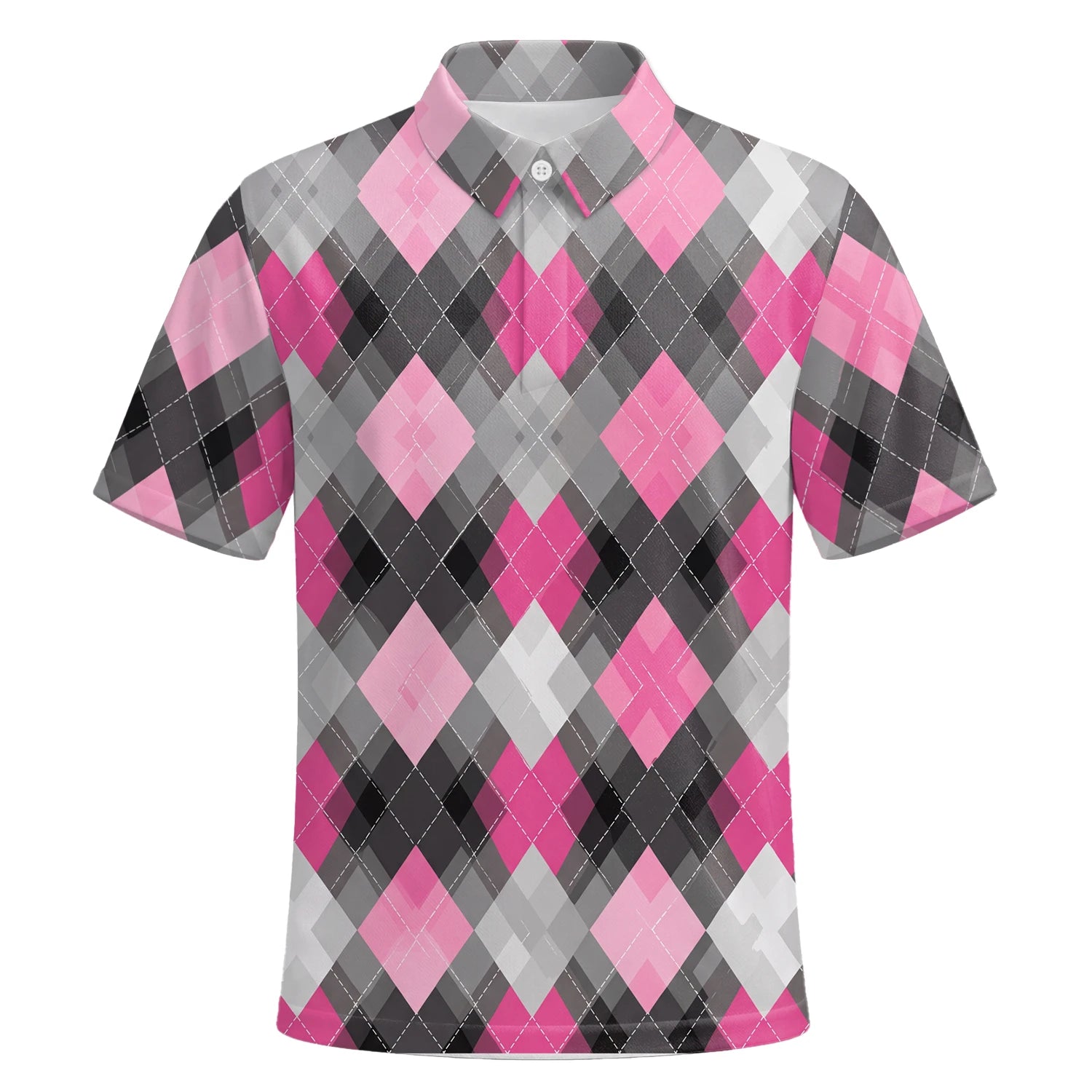 Personalised Pink Grey Argyle Golf Polo Shirt For Men Z9376 | Premium Short Sleeve | 6.webp