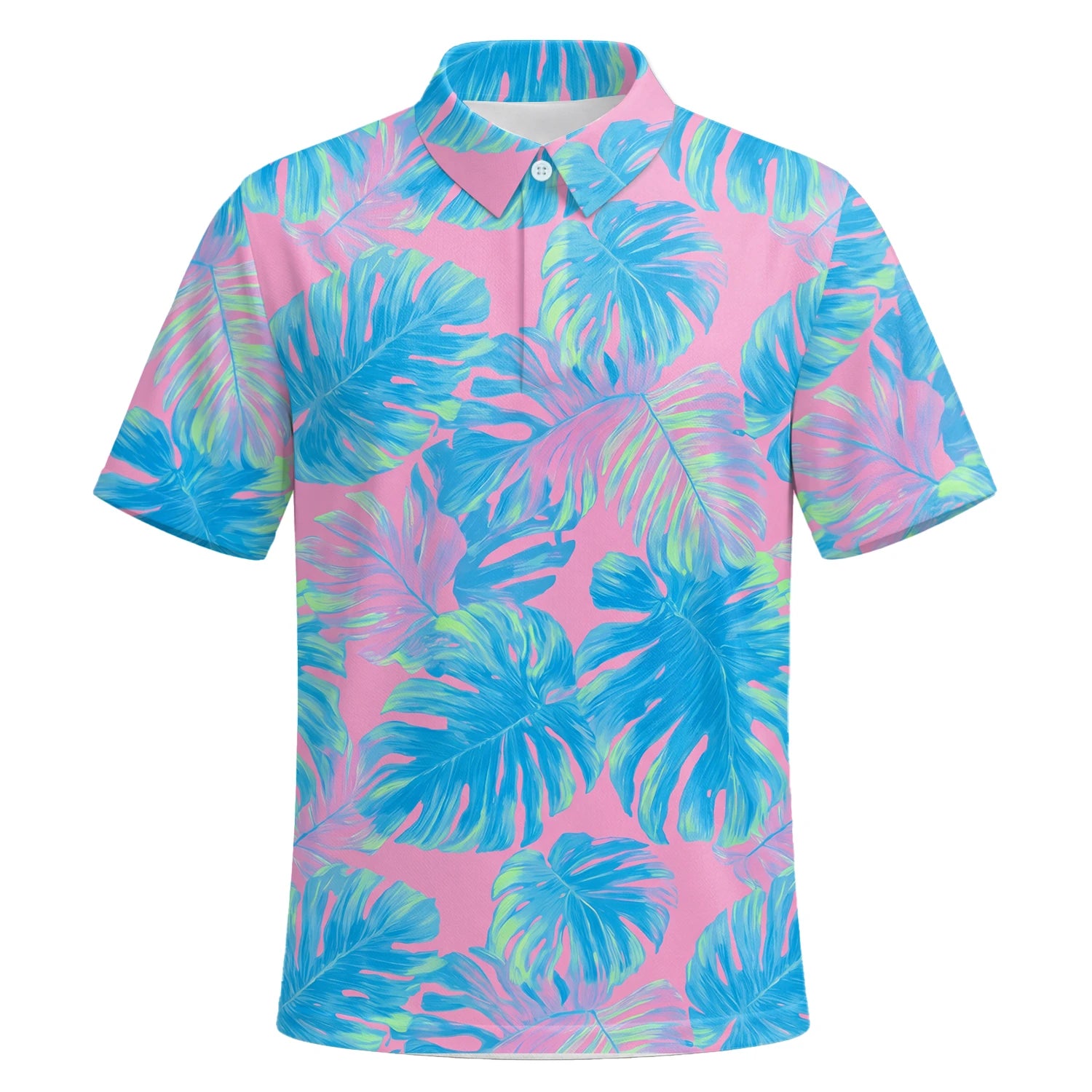 Personalised Pink Turquoise Tropical Monstera Leaf Golf Polo Shirt For Men C8385 | Premium Short Sleeve | 6.webp