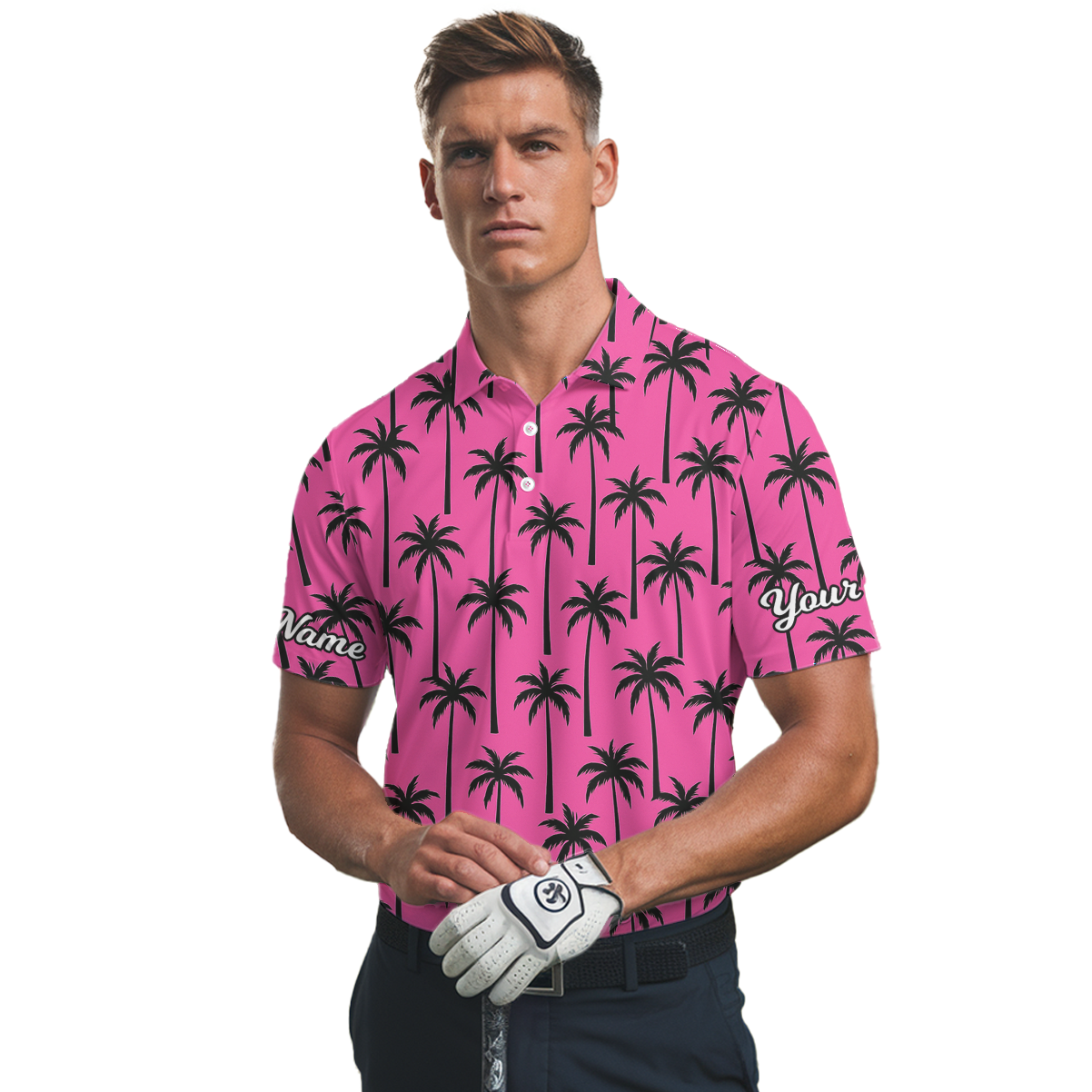 Personalized Pink Black Palm Tree Golf Polo Shirt Men U2773 additional image 2