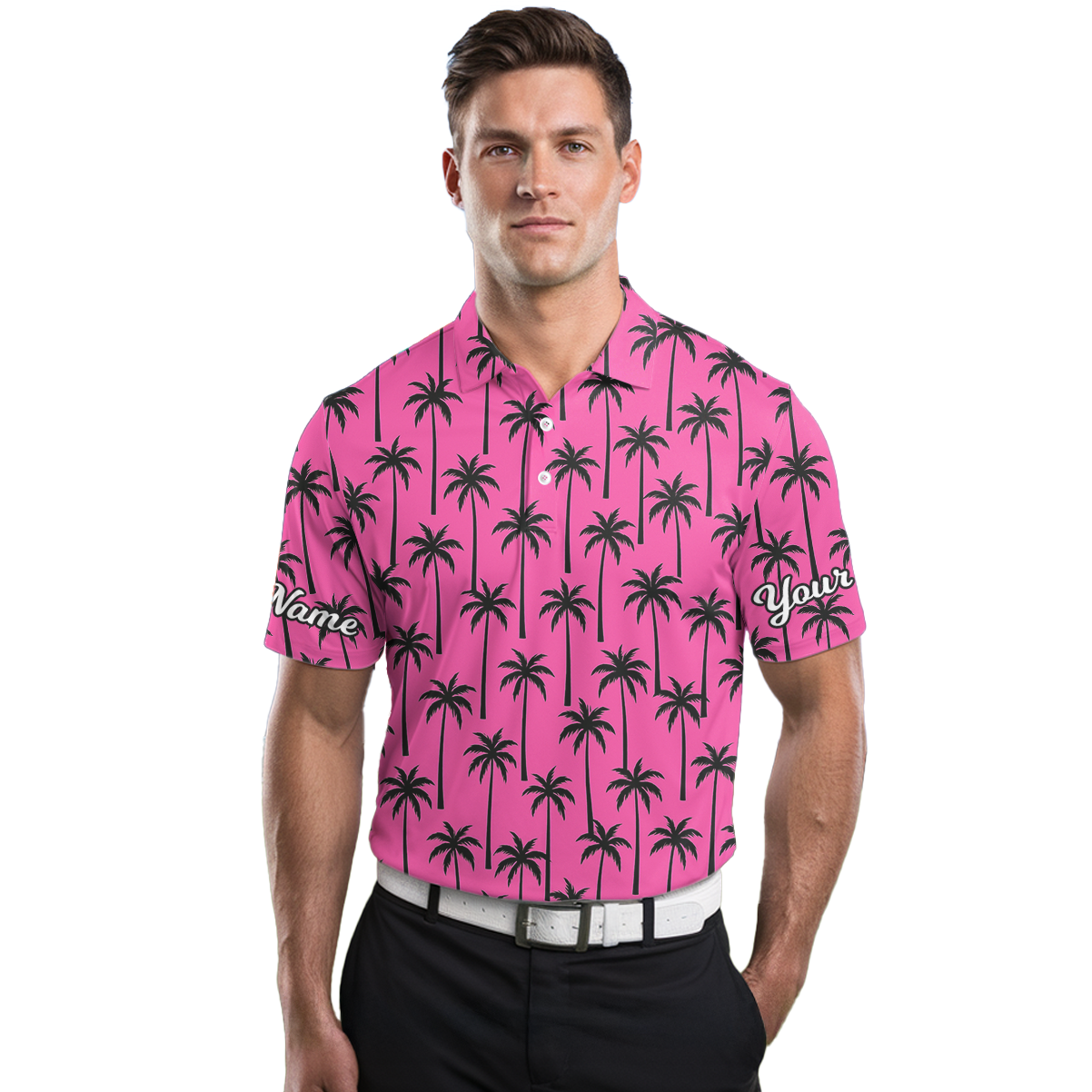 Personalized Pink Black Palm Tree Golf Polo Shirt Men U2773 additional image 3