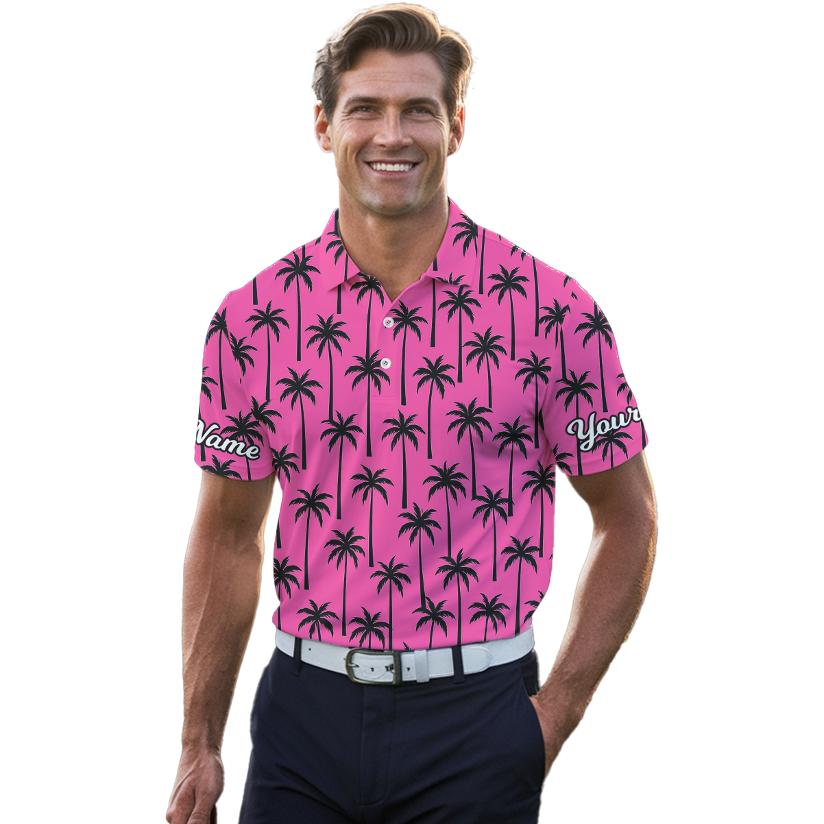 Personalized Pink Black Palm Tree Golf Polo Shirt Men U2773 additional image 4