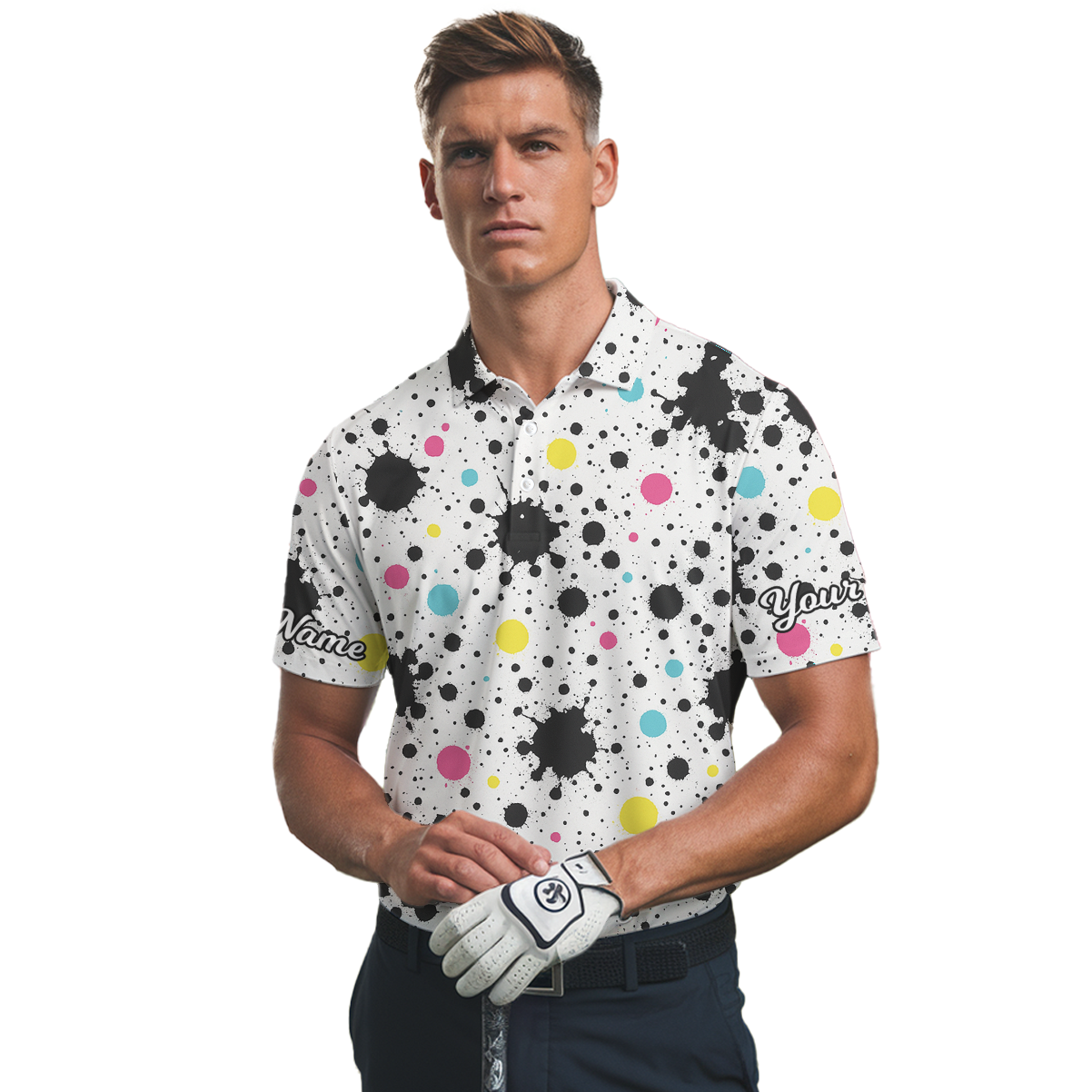 Personalized Colorful Paint Splatter Dots Golf Polo Shirt Men White Black Multi S2248 additional image 2