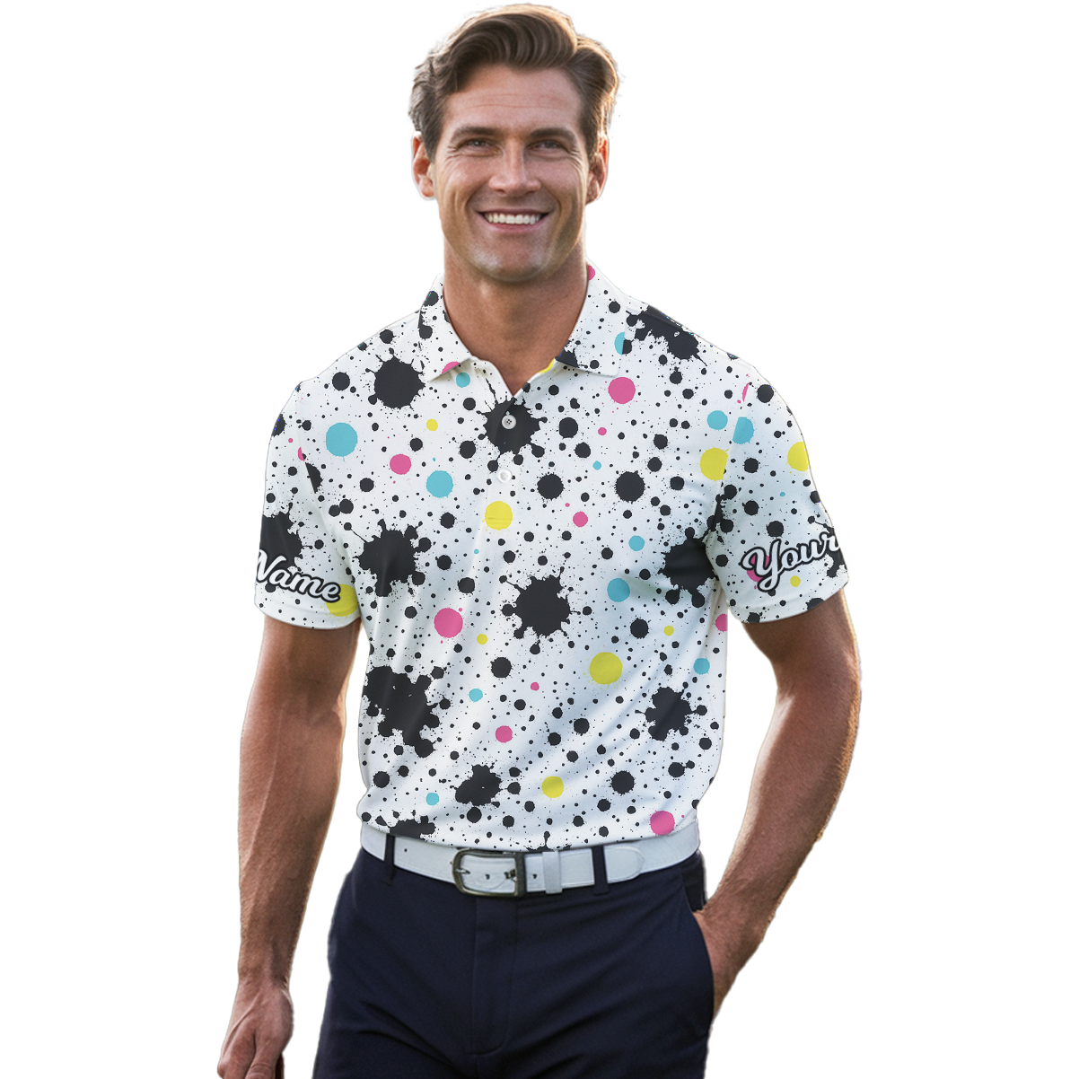 Personalized Colorful Paint Splatter Dots Golf Polo Shirt Men White Black Multi S2248 additional image 4