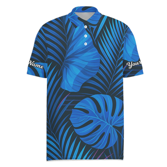 Personalized Blue Tropical Leaf Print Golf Polo Shirt for Men Y4657 main image - Men Polo S