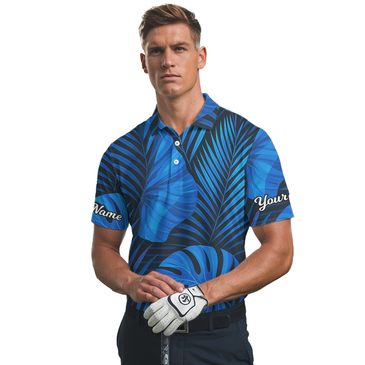 Personalized Blue Tropical Leaf Print Golf Polo Shirt for Men Y4657 additional image 2