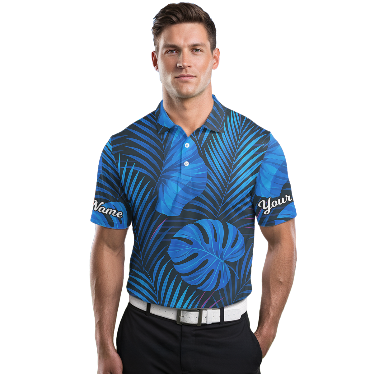Personalized Blue Tropical Leaf Print Golf Polo Shirt for Men Y4657 additional image 3