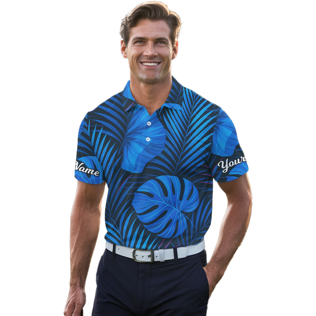 Personalized Blue Tropical Leaf Print Golf Polo Shirt for Men Y4657 additional image 4