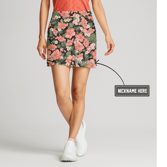 Personalized Women's Black & Coral Hibiscus Print Golf Skort P9376 main image - S