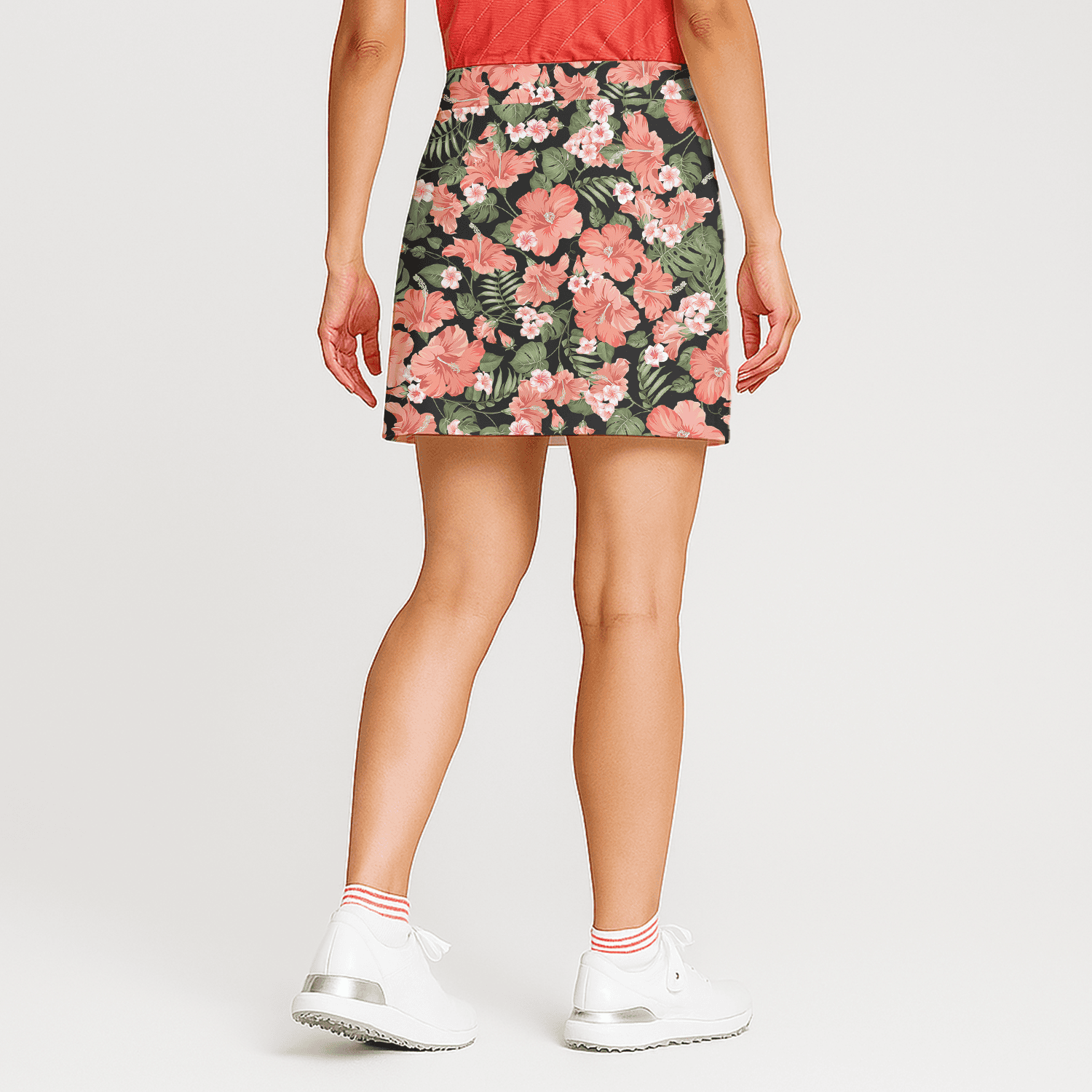 Personalized Women's Black & Coral Hibiscus Print Golf Skort P9376 additional image 1