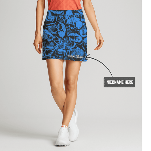 Personalized Blue & Black Skull Print Women's Golf Skort R7413 main image - S