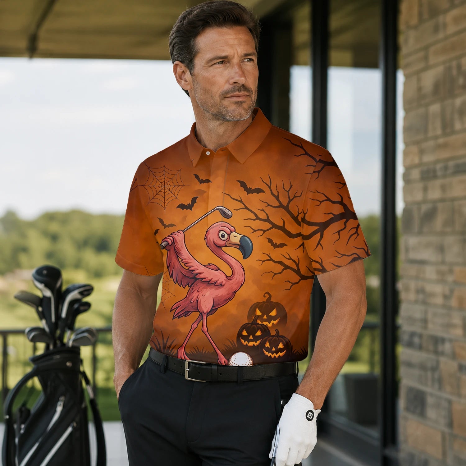 Personalised Orange Halloween Flamingo Golfer Pumpkin Golf Polo Shirt For Men V7072 | Men Gallery | 7.webp