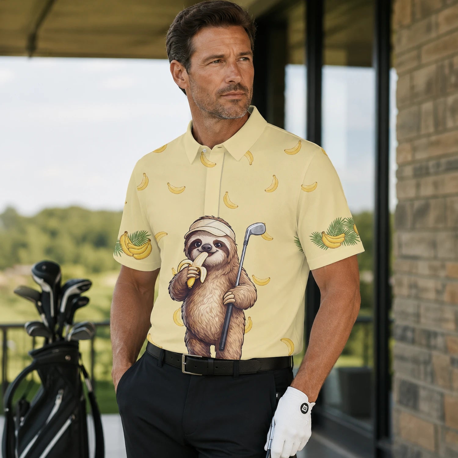 Personalised Pale Yellow Sloth Banana Golfer Cartoon Golf Polo Shirt For Men G3327 | Men Gallery | 7.webp