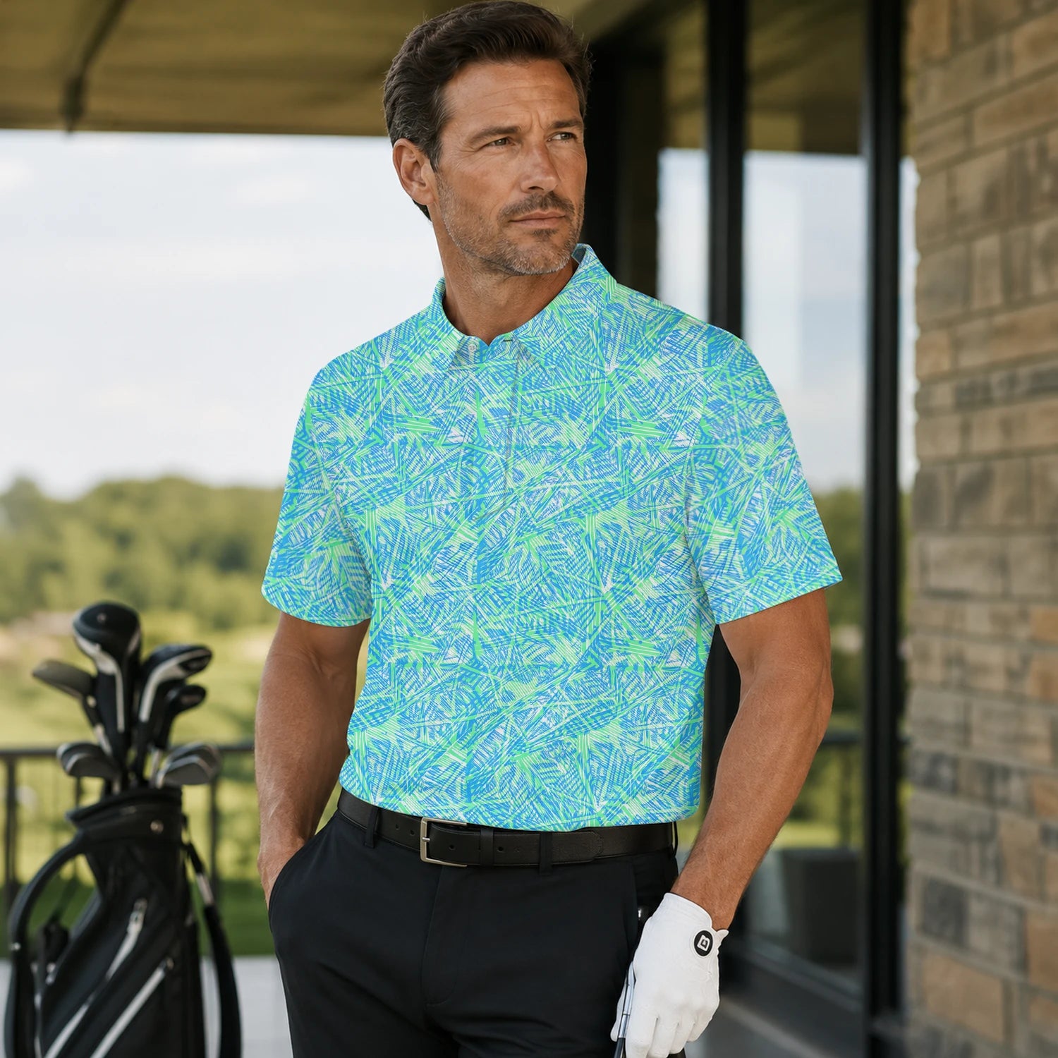 Personalised Turquoise Lime Tropical Leaf Golf Polo Shirt For Men U1015 | Men Gallery | 7.webp