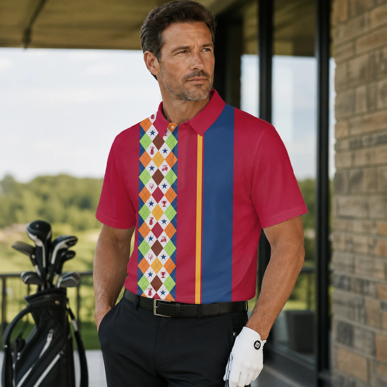 Personalised Red Blue Colourful Argyle Golf Polo Shirt For Men V1769 | Men Gallery | 7.webp