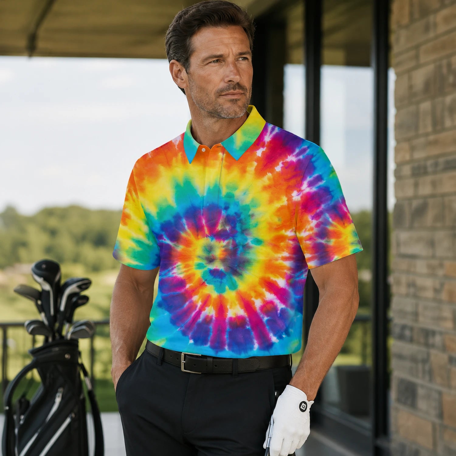 Personalised Rainbow Tie Dye Spiral Golf Polo Shirt For Men S4610 | Men Gallery | 7.webp