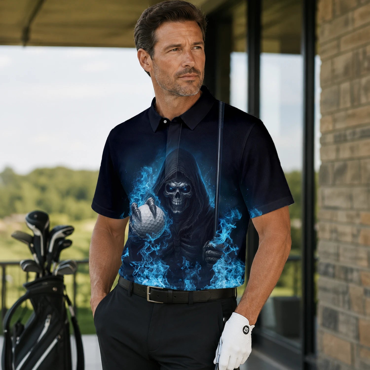 Personalised Black Blue Skull Golf Ball Lightning Golf Polo Shirt For Men N0793 | Men Gallery | 7.webp