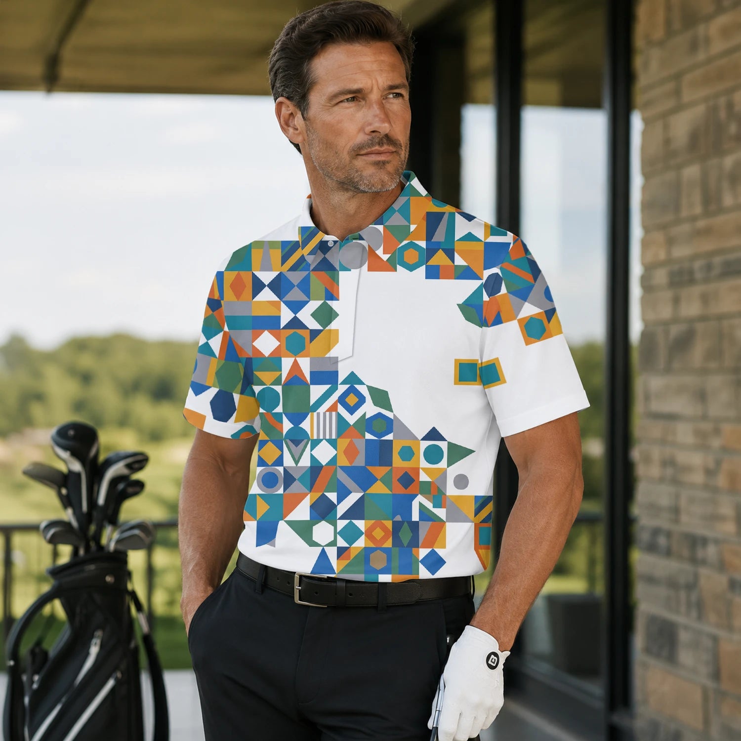 Personalised White Teal Orange Geometric Patchwork Golf Polo Shirt For Men K5362 | Men Gallery | 7.webp